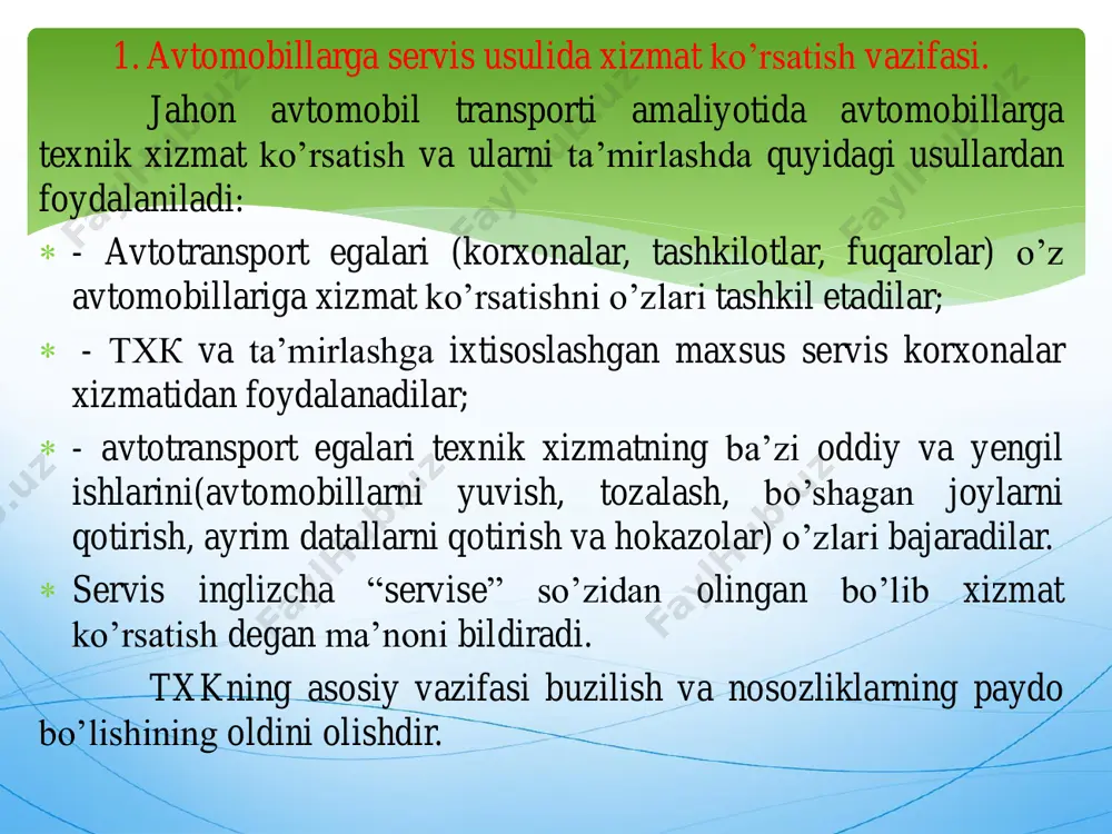 murakkab tanazzul holda edi. beshinchi davr (1996-2000 yillar) – mamlakatda iqtisodiy-islohotlar o’tkazilishi sababli, sohada o’sishning yana boshlanishi, xizmat turlari va hajmining sezilarli o’sishi, ishlab-chiqarish texnika bazasini yanada mustahkamlanishi, avtoservis korxonalari tarmoqlari va tarkibining yana kengayishi va o’sishi, kichik va o’rta biznes shaklida ishlovchi ko’plab xususiy avtoservis korxona-lari, avtoustaxonalar, texnik xizmat ko’rsatuvchi postlarning keskin ko’payishi, mamlakatimizda avtomobilsozlik sanoatini ishga tushishi (“uzdeuavto” va “samkochavto” korporatsiyalari) hamda ular tomonidan qayta qurilgan avtomarkazlar va diler stansiyalarning ishga tushishi, sohada avtoservis bozori va unda raqobatni paydo bo’lishi bilan ajralib turadi. (1-rasm). oltinchi davr (2001 yildan-hozirga qadar) – sohada yanada o’sish, chet el avtomobillariga xizmat ko’rsatish shoxobchalarini yuzaga kelishi, ishlab chiqarish-texnika bazasini zamonoviy jihozlar bilan mustahkamlanishi, chet mamlakatlarida o’zbekiston avtomobilsozlik korxonalari dilerlik tarmoqlarini yuzaga kelishi va kengayib rivojlanishi. avtoservis bozorining kengayishi, respublikamizda avtoservis xizmati ko’rsatish bo’yicha mutaxassislar tayyorlanishining boshlanishi, sohaning tinmay takomillashib borishi bilan tavsiflanadi. 3. servis usulining mohiyati.  avtomobillarga servis usulida xizmat ko’rsatish (avtoservis): …