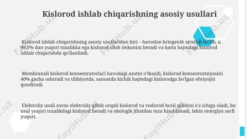 yonida 100% toza kislorod hosil bo'lib, chiqindi gazlarning ifloslanishi deyarli yo'q. membranali kislorod ajratish texnologiyasi an'anaviy usullar bilan solishtirganda past energiya iste'moli va kamroq chiqindi hosil qiladi, atrof-muhitga ta'siri minimal. psa (pressure swing adsorption) texnologiyasi 95% dan yuqori tozalikdagi kislorod ishlab chiqarishda energiya sarfini kamaytiradi va co2 emissiyasini 20% ga qisqartiradi. elektroliz usuli elektroliz usulida kislorod ishlab chiqarishda suvning elektrolizi jarayonida 1,23 v dan yuqori kuchlanish qo'llaniladi va bu jarayon 2 ta elektrod (katod va anod) orasida sodir bo'ladi. elektroliz usuli yordamida 1 kvt soat energiya sarf qilib, taxminan 0,3-0,5 m³ kislorod olish mumkin, bu esa energiya samaradorligini oshirish uchun texnologik optimallashtirishni talab qiladi. elektroliz usulida ishlatiladigan elektrolitlarning turiga qarab (masalan, gidroksidi eritmalar), hosil bo'ladigan kislorodning tozaligi 99,9% dan yuqori bo'lishi mumkin. havoni fraksiyonlash usuli havoni fraksiyonlash usulida kislorod bilan birga argon va azot kabi boshqa gazlar ham 99,99% gacha tozalangan holda ajratib olinadi, bu esa ularning sanoatdagi qo'llanilishini kengaytiradi. …