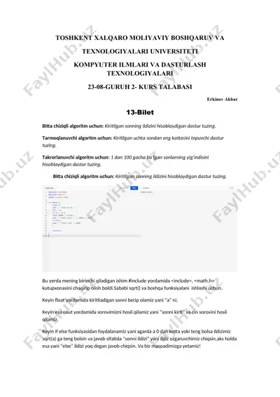 algoritmlar bo‘yicha dasturlar: ildiz hisoblash, eng katta sonni topish, yig‘indini hisoblash — DOCX