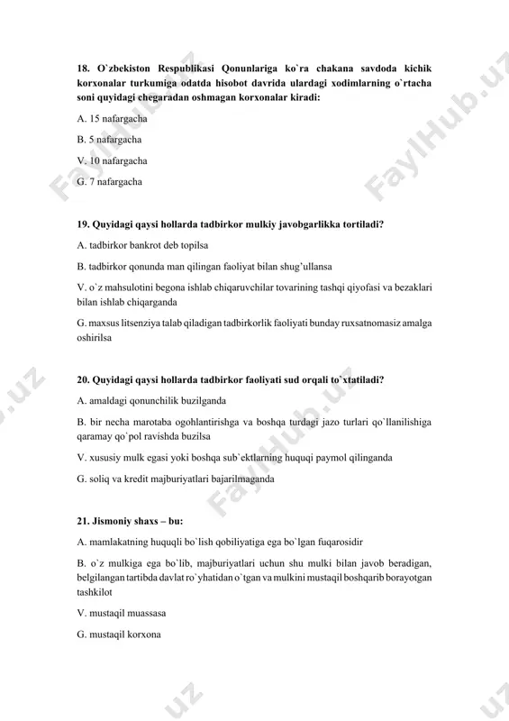 xonalar g. faqat bozorga ishlovchi korxonalar 30. erkinlik darajasiga qarab korxonalar quyidagi turlarga bo`linadi: a. ijara korxonalari b. xususiy korxonalar v. davlat buyurtmasi saqlangan korxonalar, ham buyurtma ham bozorga ishlovchi korxonalar, faqat bozorga ishlovchi korxonalari g. buyurtma va bozorga ishlovchi korxona 31. kontsern – bu: a. monopolistik birlashmaning bir shakli b. yuridik shaxs huquqiga ega bo`lgan mustaqil xo`jalik yurituvchi sub`ekt, mehnat jamoasi v. ko`p taraflama qo`shma korxona g. korxonalarning faoliyat sohalari va ishlab chiqaradigan mahsulotlari turlarining kengayishi, yangilanib turishi asosida tarkib topadigan yirik ko`p tarmoqli korporatsiya 32. konsortsium – bu: a. monopolistik birlashmaning bir shakli b. yuridik shaxs huquqiga ega bo`lgan mustaqil xo`jalik yurituvchi sub`ekt, mehnat jamoasi v.aniq iqtisodiy loyihalarni amalga oshirishni maqsad qilgan korxonalarning muvaqqat birlashmasi g. yirik ko`p tarmoqli korxona 33. sindikat – bu: a. monopolistik birlashmaning bir shakli bo`lib, bir tarmoq korxonalarning birlashmasi b. yuridik shaxs huquqiga ega bo`lgan mustaqil xo`jalik yurituvchi sub`ekt, mehnat jamoasi v. ko`p …