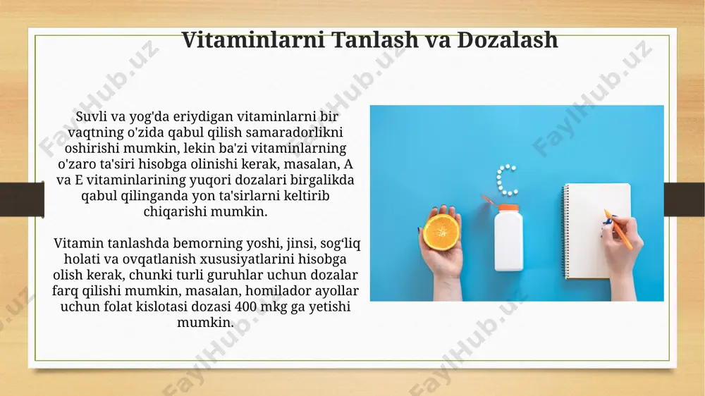 aminlar (a, d, e, k vitaminlari) jigarda saqlanadi va ularning plazmadagi konsentratsiyasi asta-sekin o'zgaradi, yarim chiqarilish davri haftalar yoki hatto oylarni tashkil qilishi mumkin. vitaminlarning so'rilishi ovqat hazm qilish tizimining turli qismlarida, masalan, oshqozon va ingichka ichakda, sodir bo'lib, 5 dan 90% gacha o'zgaruvchan biokiraolishga ega. vitaminlarni qo'llashdagi yon ta'siri ba'zi yog'da eriydigan vitaminlarning (a, d, e, k) yuqori dozalarda qo'llanilishi jigar toksikologiyasiga, qusish, diareya kabi nojo'ya ta'sirlarga, shuningdek, 5-10% hollarda gipervitaminozga olib kelishi mumkin. suvda eriydigan vitaminlarning (b guruhi, s vitamini) haddan tashqari yuqori dozalari buyrak toshlari xavfini oshirishi, siydik yo'llarida yallig'lanish jarayonlarini kuchaytirishi mumkin. dozalarning 500% dan oshishi xavfli hisoblanadi. vitaminlarning etishmasligi vitamin d yetishmovchiligi, suyaklarning mineral zichligini 30% gacha kamayishiga olib kelishi mumkin, bu esa osteoporoz va suyak sinishi xavfini oshiradi. yoshga bogʻliq osteoporozning rivojlanish xavfini oshiradi. c vitaminining kunlik dozasi 60 mg dan kam boʻlishi skorbüt kasalligiga olib kelishi mumkin, bu qon ketishga moyillik, tish goʻshtining …