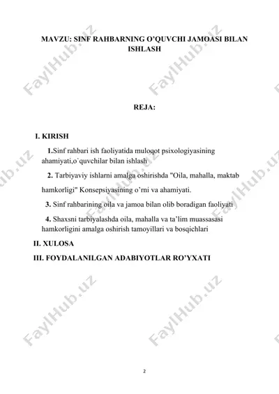 sinf rahbarning o’quvchi jamoasi bilan ishlash — DOCX