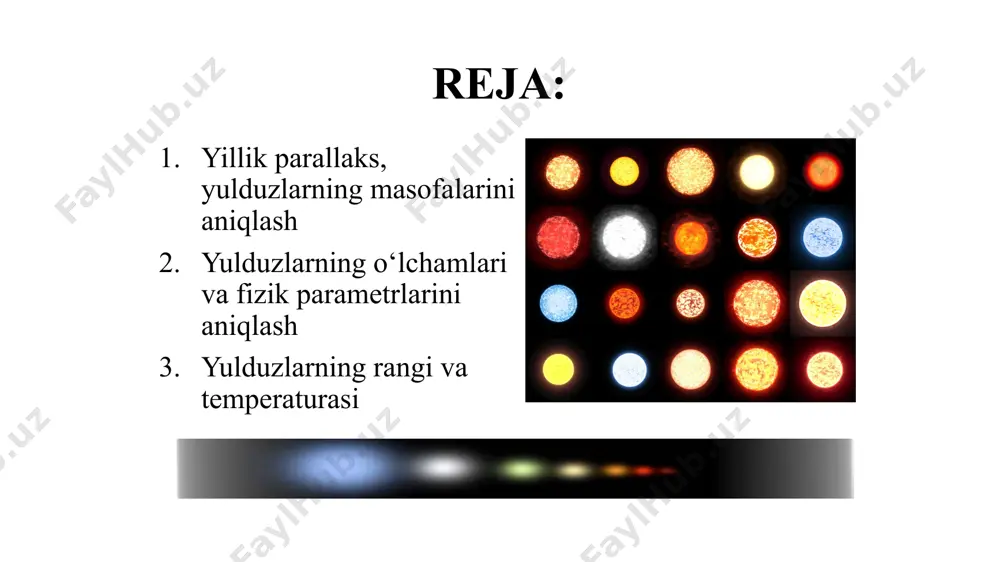 liklarida topiladi: quyosh o‘lchamini gigant yulduzlar o‘lchami bilan solishtirish yulduzlarning rangi va temperaturasi yulduzlarning temperaturasini aniqlashning bir necha xil usuli mavjud bo‘lib, ulardan biriga ko‘ra, u yulduzlarning spektrida energiyaning taqsimlanishidan topiladi. bunda nurlanish energiyasining maksimumi to‘g‘ri kelgan to‘lqin uzunligiga tayangan holda vinning ushbu siljish qonunidan foydalaniladi. yulduzning maxsus rang filtrlarida fotografik yoki fotovizual yo‘l bilan olingan yulduz kattaliklarining farqi (mpg-mpv=cj) asosida aniqlangan rang ko‘rsatgichiga (cj) ko‘ra ham uning temperaturasini aniqlaydilar. yulduzlarning rangi ko‘k rangga yaqinlashgan sayin ularning temperaturalari ortib boradi. bunday usullar bilan topilgan yulduz temperaturasi faqat uning sirtiga taalluqli bo‘lib, ularning ichki qismiga tegishli temperaturalari yulduzlarning spektri, massasi, zichligi va aniqlangan ichki bosimiga ko‘ra nazariy hisoblashlar yordamida topiladi. savol va topshiriqlar: ma’lum bir yulduz uchun yillik parallaks burchagini chizmada ko‘rsating. yulduzning berilgan yillik parallaks burchagiga ko‘ra uning uzoqligi parseklarda qanday topiladi? spektral parallaks asosida yulduzlargacha masofa qanday topiladi? yulduzlarning yorqinliklari va radiuslari orasida qanday bog‘lanish mavjud? yulduzlarning temperaturasi qanday …