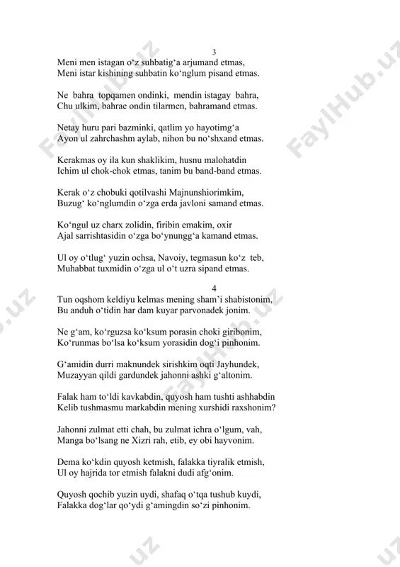 orasin choki giribonim, ko‘runmas bo‘lsa ko‘ksum yorasidin dog‘i pinhonim. g‘amidin durri maknundek sirishkim oqti jayhundek, muzayyan qildi gardundek jahonni ashki g‘altonim. falak ham to‘ldi kavkabdin, quyosh ham tushti ashhabdin kelib tushmasmu markabdin mening xurshidi raxshonim? jahonni zulmat etti chah, bu zulmat ichra o‘lgum, vah, manga bo‘lsang ne xizri rah, etib, ey obi hayvonim. dema ko‘kdin quyosh ketmish, falakka tiyralik etmish, ul oy hajrida tor etmish falakni dudi afg‘onim. quyosh qochib yuzin uydi, shafaq o‘tqa tushub kuydi, falakka dog‘lar qo‘ydi g‘amingdin so‘zi pinhonim. navoiy kibi hijrondin bu oqshom o‘ldum afg‘ondin, g‘amim yo‘q buyla yuz jondin, etib gar kelsa jononim. 5 nutqi jon bermak qilur ul la’li xandon birla bahs, rost isodekki qilg‘ay obi hayvon birla bahs. yor derkim, bahs qil ernim bilakim, ne uchun ko‘nglung olib qasdi jon etti, qilay jon birla bahs. ey ko‘ngul, gar aql etar man’i junun, qilma jadal, ayb erurkim ahli donish qilsa nodon birla bahs. jonni …