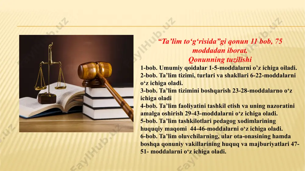 ni o‘z ichiga oladi: boshlang‘ich professional ta’lim; o‘rta professional ta’lim; o‘rta maxsus professional ta’lim. boshlang‘ich professional ta’lim kasb-hunar maktablarida ix sinf bitiruvchilari negizida bepul asosda kunduzgi ta’lim shakli bo‘yicha umumta’lim fanlarining va mutaxassislik fanlarining ikki yillik integratsiyalashgan dasturlari asosida amalga oshiriladi. o‘rta professional ta’lim kollejlarda davlat buyurtmasi yoki to‘lov-shartnoma asosida kasblar hamda mutaxassisliklarning murakkabligidan kelib chiqqan holda, davomiyligi ikki yilgacha bo‘lgan kunduzgi, kechki va sirtqi ta’lim shakllari bo‘yicha umumiy o‘rta, o‘rta maxsus ta’lim hamda boshlang‘ich professional ta’lim negizida amalga oshiriladi. o‘rta maxsus professional ta’lim texnikumlarda umumiy o‘rta, o‘rta maxsus, boshlang‘ich professional va o‘rta professional ta’lim negizida davlat buyurtmasi yoki to‘lov-shartnoma asosida kasblar hamda mutaxassisliklarning murakkabligidan kelib chiqqan holda, davomiyligi kamida ikki yil bo‘lgan kunduzgi, kechki va sirtqi ta’lim shakllari bo‘yicha amalga oshiriladi. 11-modda. oliy ta’lim oliy ta’lim bakalavriat ta’lim yo‘nalishlari va magistratura mutaxassisliklari bo‘yicha yuqori malakali kadrlar tayyorlanishini ta’minlaydi. oliy ma’lumotli kadrlarni tayyorlash oliy ta’lim tashkilotlarida (universitetlar, akademiyalar, institutlar, oliy …