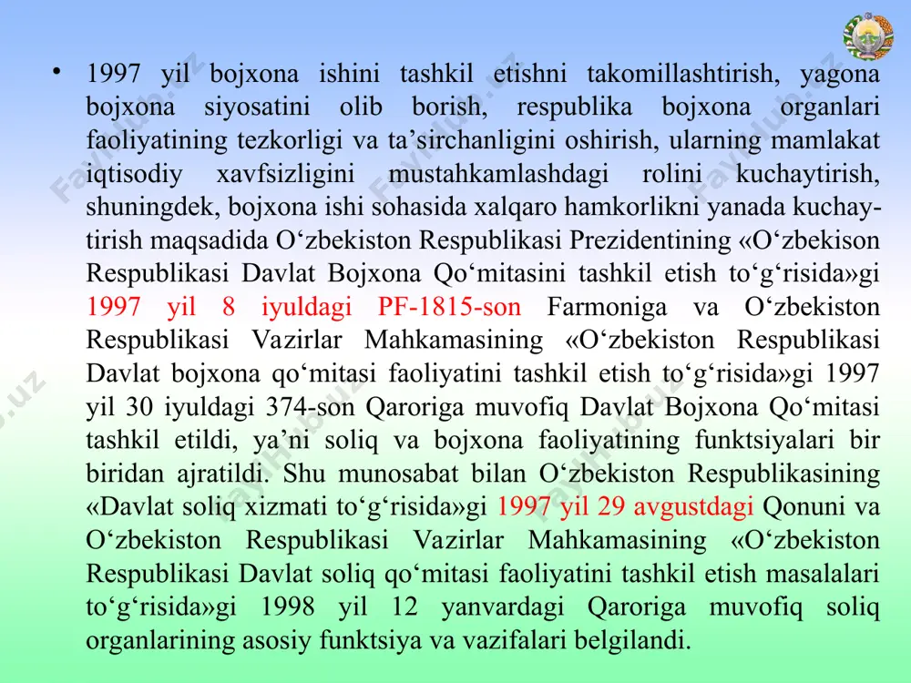 i, barcha tashkiliy munosabatlari va huquqiy munosabatlari organning o‘z vakolatlarini amalga oshirishining natijasi hisoblanadi. davlat soliq qo‘mitasining huquqlari uning boshqaruv faoliyati to‘g‘risida tasavvur beradi. davlat idorasining huquqlari – biron bir vazifani amalga oshirish mumkinligi me’yoridir, uning burchi esa - mazkur vazifani tegishlicha amalga oshirish me’yoridir. davlat idorasining funktsiyasi tegishlicha hatti-harakat me’yori sifatida biron-bir boshqaruv harakatini ko‘rsatish chog‘ida kamroq konkretlashtirilgan burchdan farq qiladi, me’yoriy tarzda umumiy ko‘rinishda ifodalangan bir qator tipik burchlarning umumlashgani sifatida qaraladi. huquqlar bilan majburiyatlar o‘rtasidagi farq ularni amalga oshirishning o‘ziga xos xususiyatlarida namoyon bo‘ladi. huquqlar davlat organiga u yoki boshqa masalalarni hal etishda tanlash erkinligini beradi. majburiyatlar organning faoliyat yuritishini qat’iy tartibga solib turadi, ularni amalga oshirish shart-sharoitlari esa, qonunda aniq ifodalangan bo‘lishi lozim. davlat soliq xizmati organining asosiy vazifalari quyidagilardan iborat: soliq qonun hujjatlariga rioya etilishi, soliqlarning to‘g‘ri hisoblanishi, soliqlar to‘liq va o‘z vaqtida to‘lanishi ustidan nazoratni amalga oshirish; soliq qonun hujjatlariga rioya etishda zarur shart-sharoitlarni …