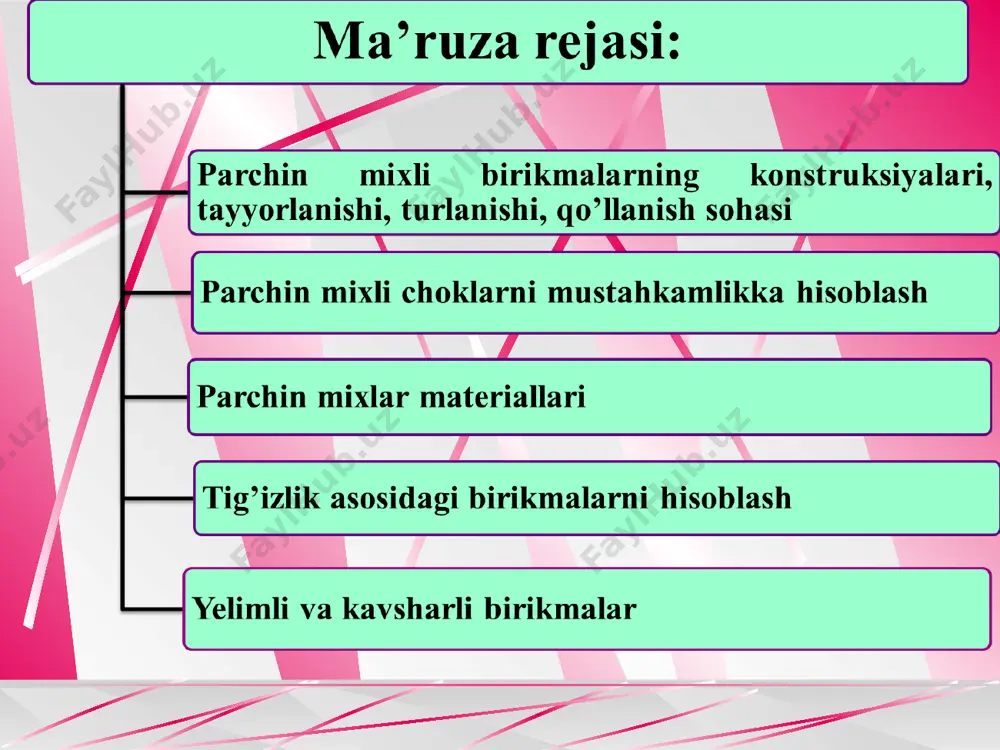 katta zarbli va kuchlanishli yuklanishlar ta’siri ostidagi birikma­lar. masalan, samolyotlarda 2,5 mln. gacha parchin mixlar ishla­tila­di. yuk ko‘tarish-tashish mashinalarida, avtomobilsozlikda, temir yo‘l ko‘priklarida va qozonlarni tayyorlashda ko‘plab ishlatiladi. parchin mixli choklar bir qatorli va ko‘p qatorli; uchma-uch yoki ustma-ust bo‘lishi mumkin. bundan tashqari parchin mixlar parallel yoki shaxmat tartibida joylashishi mumkin. ish sharoitiga ko‘ra esa bir qirqimli yoki ko‘p qirqimli turlari uchraydi. parchin mixlar materiallari sifatida kam uglerodli po‘latlar st2, stz, st2kp, stzkp, 10, 15, 10kp, 15kp; legirlangan12x18n9t po‘lati; mis mz; latun l63, alyuminiy qotishmalari ad1, d18, amg 5 va boshqalar qo‘llaniladi. parchin mixli birikmalarni hisoblash parchin mixli birikmalar ishlash sharoitiga binoan uch turga tasniflanadi: mustahkam chokli birikmalar (ko‘priklar, fermalar) - birikmaning yetarli darajada mustahkam bo‘lishi talab etilganda ishlatiladi. mustahkam – jips chokli birikmalar - katta mexanikaviy kuchlar ostida ishlaydigan va parchin chok germetik bo‘lishi talab etilgan (bug‘ qozonlari, avtoklavlar, katta bosim ostidagi idishlar) tuzilmalarda qo‘llaniladi. jips chokli birikmalar - …