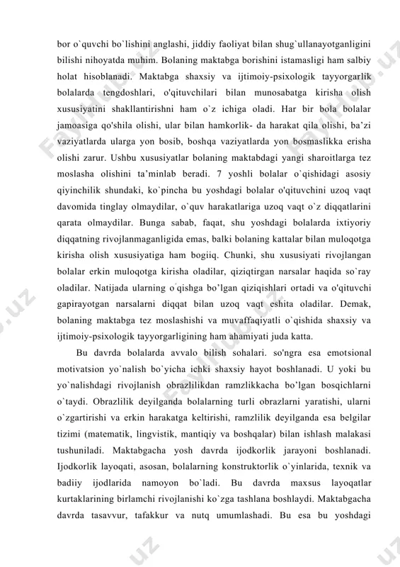 vistik, mantiqiy va boshqalar) bilan ishlash malakasi tushuniladi. maktabgacha yosh davrda ijodkorlik jarayoni boshlanadi. ijodkorlik layoqati, asosan, bolalarning konstruktorlik o`yinlarida, texnik va badiiy ijodlarida namoyon bo`ladi. bu davrda max​sus layoqatlar kurtaklarining birlamchi rivojlanishi ko`zga tashlana boshlaydi. maktabgacha davrda tasavvur, tafakkur va nutq umumlashadi. bu esa bu yoshdagi bolalarda tafakkur qilish omili sifatida ichki nutq yuzaga kelayotganligidan dalolat beradi. bilish jarayonlarining sintezi bolaning o`z ona tilini to`liq egallashi asosida yotadi. bu davrda nutqning shakllanish jarayoni yakunla- na boshlaydi. nutq asosidagi tarbiya jarayonida bolada sodda axloq me’yorlari va qoidalar egallaniladi. bu me’yor va qoidalar bo​la axloqini boshqaradi. kichik maktab davri 7 yoshdan 10 yoshgacha davom eta​di. uning psixikasi bilim olishga yetadigan darajada rivojlanadi. kichik maktab yoshidagi bolaning muhim xususiyatlaridan bi​ri, unda o`ziga xos ehtiyojlarning mavjudligidir. bu ehtiyojlar o`z mohiyatiga ko`ra faqat muayyan bilim, ko`nikma va malakalarni egallashga qaratilmay, balki o`quvchilik istagini aks ettirishdan ham iboratdir. shu ehtiyojlar asosida bolaning o`z portfeliga, shaxsiy …