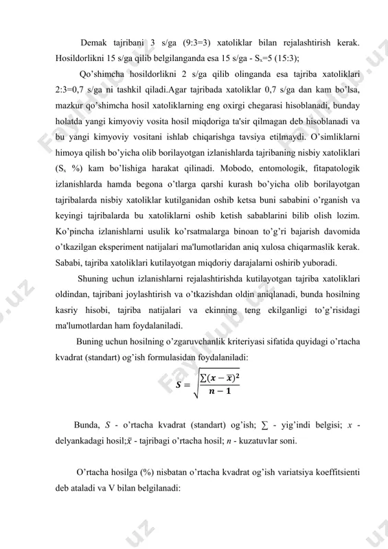 ba xatoliklariga teskari proporsional bo’ladi. bu amaliyotni izlanishlarni tashkillashtirish davomida e'tiborga olish lozim. takrorlanishlar sonini muvofiqlashtirish davomida eksperiment natijalarini matematik hisoblashlar natijasida tajribalar xatoliklarini miqdoriy aniqlash va variantlar o’rtasida hosildorlikdagi o’zaro farqlarni aniqlash mumkin (5 yoki 1 %). tuproq tiplari, agrotexnika, ekin turlari, tajriba vazifalari va turlariga qarab dala tajribalarida tajriba uchastkalarining shakli va hajmi o’zgarishi mumkin. tajriba maydonlarini tanlashda dala ishlarini mexanizatsiyadan foydalangan holda bajarishga ko’proq e'tibor berish maqsadga muvofiqdir. tajriba maydonlarining 100 m2 gacha bo’lishi tajriba xatoliklarini kamayishiga sabab bo’lishi ilmiy izlanishlarda isbotlangan, bundan oshirilishi tajribada xatoliklarni kam miqdorda oshishiga yoki kamayishiga olib kelishi mumkin, lekin bunda umumiy tajriba maydonlarining oshishi va turli tuproq tiplarida tajribalar joylashib qolishi mumkin. amaliyotda dala tajribalari 50 m2 dan 200 m2 gacha bo’lgan delyankalarda keng o’tkaziladi, tajribaning birinchi bosqichlarida10 dan 50 m2 gacha; 10 m2 dan kam bo’lgan maydonlarda asosan o’simliklar seleksiyasida ekuv materiallarini iqtisod qilish uchun tajribalar o’tkaziladi. ba'zi bir hollarda …
