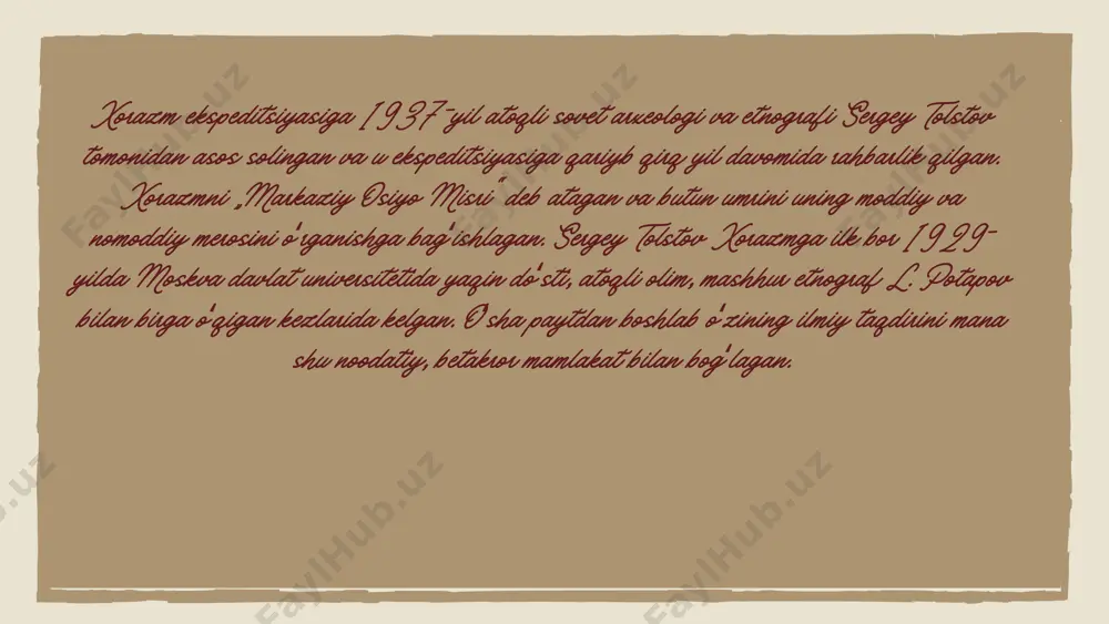 sonida, bir nechta monografiya va ilmiy toʻplamlarda oʻz ifodasini topgan. bundan tashqari, „qadimgi xorazm“ fundamental monografiyasi – markaziy va oʻrta osiyo tarixini oʻrganishga oid fundamental asar nashr etilgan. tolstov 1976-yil dekabr, vafotigacha xorazm ekspeditsiyasining direktori boʻlgan; uning oʻrniga aleksandr vinogradov va keyinchalik m. a. itina kelgan. ekspeditsiya sssr fanlar akademiyasining etnografiya va antropologiya institutida (rossiya fanlar akademiyasining etnologiya va antropologiya instituti nomini oʻzgartirgandan keyin) joylashgan boʻlib, bu yerda tolstov faoliyat yuritgan, shuningdek 1942—1965-yillarda direktor lavozimida ishlagan. ikkinchi jahon urushi oldidan oʻzining ekspeditsiyasi uchun s. p. tolstov oʻzi oʻqigan moskva davlat universiteti arxeologiya fakultetining oʻsha paytdagi va sobiq talabalari jamoasini toʻplagan. ulardan a. i. terenojkin (sak-skiflar davri mutaxassisi), m. a. orlov (meʼmor) va ya. g. gʻulomovni (toshkentlik oʻzbek arxeologi) eslashimiz mumkin. urushdan keyin n. m. vakturskaya (kulolchilik boʻyicha mutaxassis), yu. a. rapoport (eʼtiqod va din boʻyicha mutaxassis), o. vishnevskaya, m. a. itina (bronza va temir asrlari mutaxassislari), a. e. nerazik (ilk …
