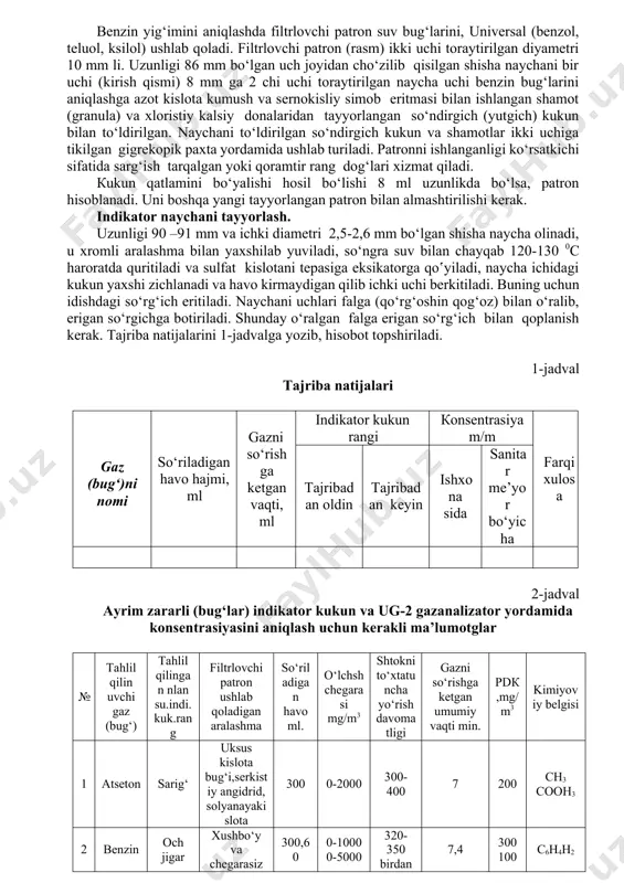 kil etadi (shunda indikator naychani asbobdan ajratmagan). 8. so‘rilgan havo indikator kukun rangini (havo qirqish tomonidan ma’lum uzunlikda o‘zgartiriladi. agar ammiak bo‘lsa) sariq rang ko‘k rangga o‘zgartiradi. filtrlovchi patron yordamida tekshiriladi. so‘riladigan havo hajmi ko‘rsatilgan kichik plastmassa qo‛yidagi bo‘linma gazni yig‘imi (konsentrasiyasi) aniqlanadi. кukun balandligi bo‘yalgan rang chegarasi chizig‘i to‘g‘ri kelgan, qiymat gazni konsentrasiyasini ko‘rsatadi. 1- rasm. rezina sifon trubkasi 1-rezina turubka; 2- shtok; 3- plata; 4- prujina; 5- rezina silfon; 6- korpus; 7-qo‘zg‘almas vtupka. benzin yig‘imini aniqlashda filtrlovchi patron suv bug‘larini, universal (benzol, teluol, ksilol) ushlab qoladi. filtrlovchi patron (rasm) ikki uchi toraytirilgan diyametri 10 mm li. uzunligi 86 mm bo‘lgan uch joyidan cho‘zilib qisilgan shisha naychani bir uchi (kirish qismi) 8 mm ga 2 chi uchi toraytirilgan naycha uchi benzin bug‘larini aniqlashga azot kislota kumush va sernokisliy simob eritmasi bilan ishlangan shamot (granula) va xloristiy kalsiy donalaridan tayyorlangan so‘ndirgich (yutgich) kukun bilan to‘ldirilgan. naychani to‘ldirilgan so‘ndirgich kukun va …