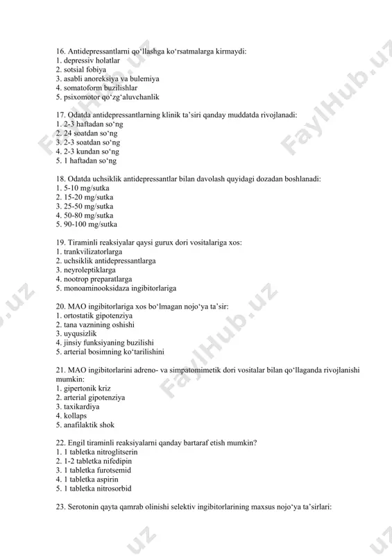 n 3. 1 tabletka furotsemid 4. 1 tabletka aspirin 5. 1 tabletka nitrosorbid 23. serotonin qayta qamrab olinishi selektiv ingibitorlarining maxsus nojo‘ya ta’sirlari: 1. ortostatik gipotenziya 2. ko‘ngil aynishi, ich ketishi 3. taxikardiya 4. ab ni oshishi 5. sedativ ta’sir 24. serotoninergik antidepressantlar bilan davolashda yuzaga keluvchi havfli asorat: 1. tiraminli reaksiya 2. “bekor qilish” sindromi 3. rikoshet sindromi 4. dori allergiyasi 5. “serotoninli” sindrom * 25. serotonin qayta qamrab olinishi selektiv ingibitorlari: 1. kardiotoksik 2. kardiotoksik emas 3. nefrotoksik 4. ototoksik 5. gepatotoksik