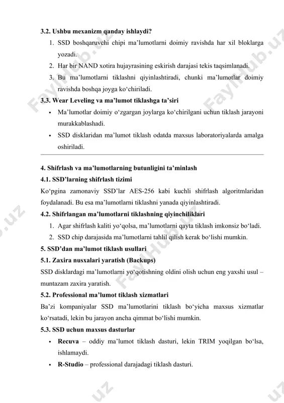 ssd disklar tezkor va ishonchli bo‘lsa-da, ularning ma’lumot tiklash jarayoni hdd’ga qaraganda ancha murakkabdir. trim buyrug‘ining mavjudligi, wear leveling mexanizmi va shifrlash tizimlari ma’lumotlarni qayta tiklashni qiyinlashtiradi. shu sababli, foydalanuvchilarga muntazam ravishda zaxira nusxalarini yaratish, trim holatini nazorat qilish va muhim ma’lumotlarni xavfsiz saqlash tavsiya etiladi. formatlangan disklardan ma'lumotlarni qayta tiklash kirish bugungi kunda raqamli ma'lumotlar hayotimizning ajralmas qismiga aylangan. ko‘pincha ba’zi texnik sabablarga ko‘ra yoki ehtiyotsizlik natijasida disk formatlanib ketishi mumkin. bu esa muhim hujjatlar, rasmlar, videolar va boshqa ma’lumotlarning yo‘qolishiga olib keladi. biroq, formatlangan disklardagi ma’lumotlar butunlay yo‘qolmaydi, aksincha, maxsus dasturlar va texnikalar yordamida qayta tiklash imkoniyati mavjud. ushbu ma’ruzada formatlangan diskdan ma’lumotlarni tiklash usullari, ularning ishlash printsiplari va har bir bosqichning batafsil yoritilishi haqida gap boradi. 1. maxsus dasturlar yordamida tiklash ko‘pgina hollarda maxsus dasturlar yordamida formatlangan disklardan ma’lumotlarni tiklash mumkin. quyida eng mashhur dasturlar va ularning imkoniyatlari bayon etiladi: 1.1. easeus data recovery wizard ushbu dastur …