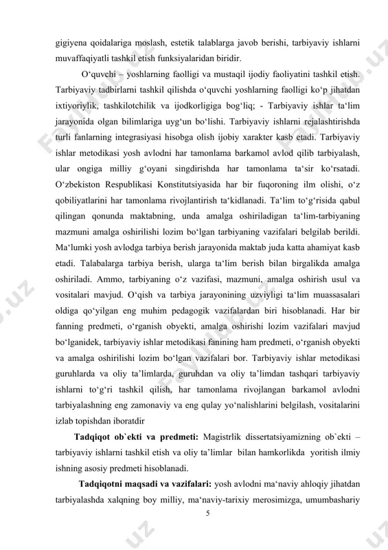 an tarbiyalashda xalqning boy milliy, ma‘naviy-tarixiy merosimizga, umumbashariy qadriyatlarga, urf-odatlar va ananalarga tayanib, ongli shaxslarni intelektual salohiyatli qilib tarbiyalashdir. tarbiyaviy ishlar metodikasi fanining vazifalari quyidagilardan iborat: · o‘quvchilar jamoasining tarbiyalanganlik darajasini o‘rganib, unga tarbiyaviy ta‘sir ko‘rsatish mahoratiga ega bo‘lish ; · tarbiyaviy ish va tadbirlar uchun zarur bo‘lgan metodlarni tanlab, ko‘zlangan maqsadga erishish chora-tadbirlarini ko‘ra bilish ; · ilg‘or tajribalarni tahlil qilish va uni o‘z faoliyatida ijodiy foydalanish; · tarbiyaviy ishlarning o‘quvchilar ruhiyatiga qanchalik ijobiy ta‘sir etganini kuzatib, uni yanada rivojlantirish va takomillashtirish ; · tarbiyaviy ishlar samaradorligini oshirishda o‘z bilimini doimiy rivojlantirib borishi lozim. darsda va darsdan tashqari mashg‘ulotlarda tarbiyaviy ishlarni tashkil etish bilan birga dts lariga mosligiga e‘tibor qaratish zarur bo‘ladi. tarbiyaviy ishlar jarayonida barkamol avlodni tarbiyalash muhim o‘rin tutadi. aniq maqsadga qaratilgan tarbiya ishida jamoaga va ba‘zi bir talablarga ta‘sir qilishini tashkil etish tarbiyaviy ishlarning asosini belgilaydi. tarbiyaviy ishlarning asosiy jihati barkamol avlodni har tomonlama kamol topishini …