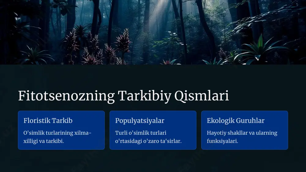 da aniqlash. kvadrat usuli hududni mayda kvadratlarga bo'lib o'rganish. transyekta usuli o'rganish uchun chiziqli kesimlar qo'llanadi. xulosa va istiqbollar dolzarblik fitotsenoz tuzilishini o'rganish ekologiyada muhim. tadqiqot yo'nalishlari kelajakda yangi metodlar va turlarni o'rganish. ekologik muvozanat bu bilimlar tabiatni saqlashga yordam beradi. image1.png image2.png image3.png image4.png image5.png image6.png image7.png image8.png image9.png image10.png image11.png image12.png image13.png image14.png