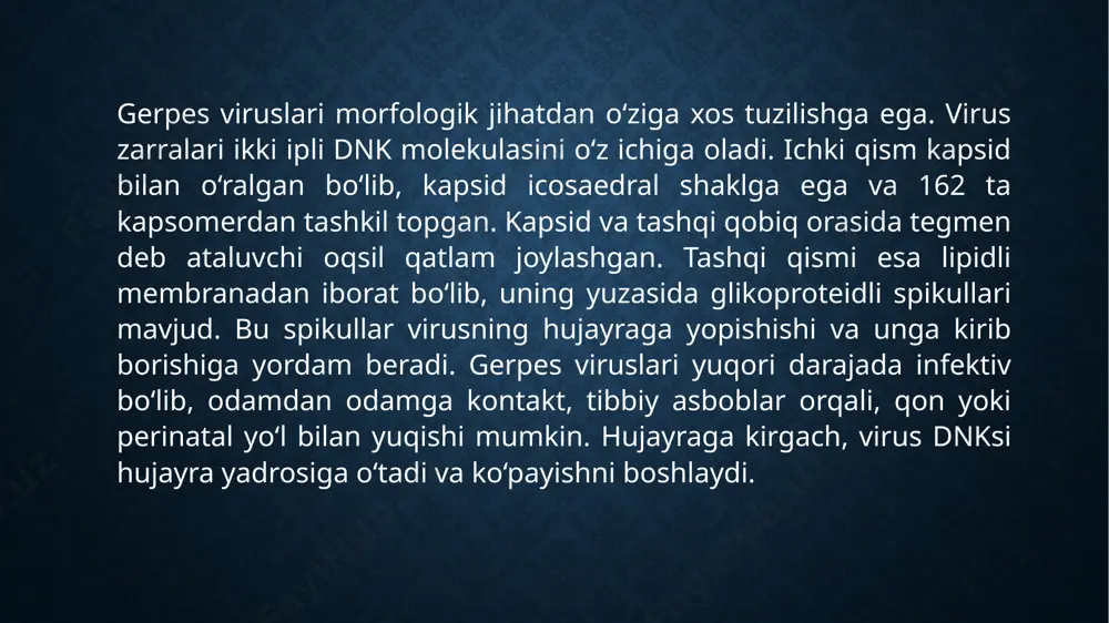 k maqsadda qo‘llash mumkin. parenteral virusli gepatitlarga qarshi profilaktika choralari orasida emlash eng asosiy usul hisoblanadi. gepatit b virusiga qarshi keng qamrovli vaksina mavjud bo‘lib, u tug‘ilgan bolalarga va xavf guruhiga kiruvchi shaxslarga tavsiya etiladi. gepatit d virusi faqat gepatit b bilan birgalikda rivojlanadigan infeksiya bo‘lgani uchun, gepatit b ga qarshi emlash hdv infeksiyasining oldini olishda ham samaralidir. gepatit c virusi uchun hozircha vaksina ishlab chiqilmagan, shuning uchun infeksiyani oldini olish uchun steril tibbiy asbob-uskunalardan foydalanish, xavfli qon bilan aloqa qilmaslik, donor qonni sinchiklab tekshirish va xavfsiz jinsiy aloqani ta’minlash muhim hisoblanadi. gerpes viruslariga qarshi profilaktika uchun birinchi navbatda infeksiyaning tarqalish yo‘llarini to‘liq tushunish muhimdir. virusli zararlanishda og‘iz va jinsiy aloqalar asosiy xavf omillari bo‘lgani uchun, og‘iz va genital gigiyenaga rioya qilish, himoya vositalaridan foydalanish va bemorlarning shaxsiy buyumlaridan foydalanmaslik kerak. immunitetni kuchaytirish, sog‘lom turmush tarzini olib borish, to‘g‘ri ovqatlanish va surunkali stresslardan qochish gerpes infeksiyasini faollashishining oldini olishda muhim …