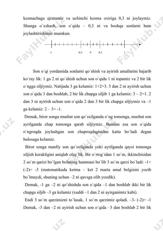 kita manfiy sondan moduli kattasi kichik. masalan, ikki son ko`paytmasini moduli ko`paytuvchlar modullari ko`paytmasiga teng bo`lib, ko`paytma ishorasi quyidagi qoida bo`yicha topiladi: agar ko`paytuvcxilar bir xil ishorali bo`lsa, ko`paytma musbat va ko`paytuvcxilar har xil ishorali bo`lsa, ko`paytma manfiy bo`ladi: bo`lish amali ham bo`linma ishorasi yuqoridagi qoida boyicha topiladi. masalan, manfiy va musbat sonlarni qo`shish va ayirish quyidagi sodda qoida asosida bajariladi. agar sonlar bir xil ishorali bo`lsa, ularning modullari qo`shiladi va ishorasi saqlanib qoladi. agar sonlar har xil ishorali bo`lsa, moduli kattasining modulidan moduli kichigining moduli ayriladi va moduli kattasining ishorasi qo`yiladi. masalan, agar yig`indida yoki ayirmada sonlardan biri qavs yordamida yozilgan bo`lsa, ko`payma ishorasini topish qoidasi yordamida avval uning ishorasi aniqlab olinadi. -3 -2 -1 0 1 2 3 4 -1 -0,3 0 0,3 1 _1191153334.unknown _1191153489.unknown _1191154996.unknown _1191157948.unknown _1191153869.unknown _1191153420.unknown _1191152404.unknown _1191153245.unknown _1191150015.unknown _1191152049.unknown _1191149536.unknown