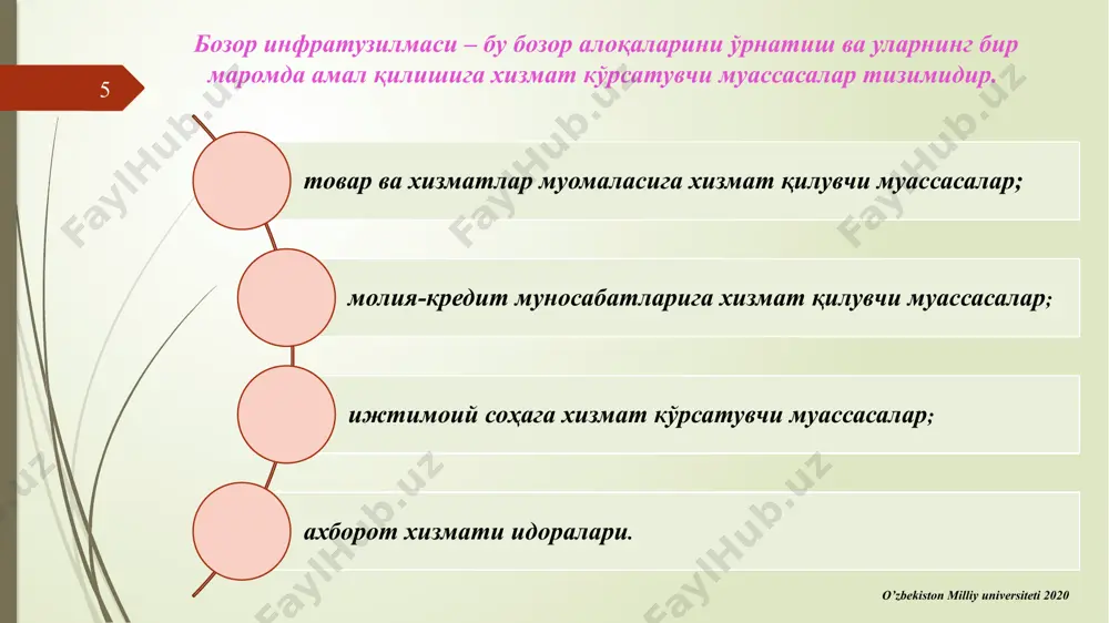 va malakasini oshirishni amalga oshiruvchi tuzilma. o‘quv-amaliy markazlari – kichik tadbirkorlikni qo‘llab-quvvatlash va bozor iqtisodiyoti uchun kadrlar tayyorlashning keng miqyosli dasturini amalga oshiruvchi tuzilma. biznes-inkubatorlar – maxsus tanlab olingan kichik korxonalarni o‘z maydonlariga joylashtiruvchi va ularga maslahat, o‘qitish va ofis xizmatlarini ko‘rsatuvchi tuzilmalar. ijtimoiy-amaliy markaz – ish bilan band bo‘lmagan aholi va ishsizlar o‘rtasida kichik tadbirkorlikni rivojlantirish orqali yangi ish o‘rinlarini yaratish bilan shug‘ullanuvchi, odatda bandlik markazlari qoshida tashkil etiluvchi tuzilma. texnopark – o‘z hududida kichik innovatsion korxonalarni yaratish va rivojlantirish orqali ilmiy salohiyatdan foydalanish va ishlab chiqilgan texnologiyalarni tijoratlashtirish maqsadida tashkil etiluvchi tuzilma. o’zbekiston milliy universiteti 2020 13 infratuzilma muassasalari sug‘urta kompaniyasi – sug‘urtalovchi rolida maydonga tushuvchi, ya'ni sug‘urta hodisasi ro‘y bergan chog‘da sug‘urtalangan shaxsning zararlarini qoplash majburiyatini o‘ziga oluvchi tashkilot. biznes-markaz – tadbirkorlar va biznesmenlarga servis xizmatlari ko‘rsatuvchi tuzilma. konsalting – bu ishlab chiqarishga ish yuzasidan xizmat ko‘rsatish sohasida ixtisoslashgan firmalarning o‘z mijozlariga maslahat xizmati ko‘rsatish va texnikaviy …