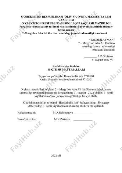 o‘qitish materiallari to‘plami (reabilitatsiya fani, hamshiralik ishi yo‘nalishi) — DOCX