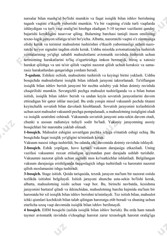 qilish uchun keraksiz va sama-rasiz harakatlardan qutqarishga yordam beradi. 5-qadam. eshikni ochish, mahsulotni tushirish va keyingi birini yuklash. ushbu bosqichda mahsulotlarni issiqlik bilan ishlash jarayoni takrorlanadi. ta'riflangan issiqlik bilan ishlov berish jarayoni bir nechta uslubiy yuk bilan doimiy ravishda chaqirilishi mumkin. sovutgichli pechga mahsulot tushirilganda va u bilan butun isitish, issiqlik bilan ishlov berish va undan keyin sovutish jarayonlarini davom ettiradigan bir qator ishlar mavjud. bu erda yorqin misol vakuumli pechda titanni keyinchalik sovutish bilan davolash hisoblanadi. sovutish jarayonini tezlashtirish uchun azot mahsulot vakuumli pechga pompalanadi, u mahsulotning issiqligini oladi va issiqlik uzatishni oshiradi. vakuumda sovutish jarayoni asta-sekin davom etadi, chunki u asosan radiatsiya tufayli sodir bo'ladi. yakuniy jarayonning asosiy bosqichlari bir marotaba yuklab olinadi. 1-bosqich. mahsulot eshigini sovutilgan pechka ichiga o'rnatish eshigi ochiq. bu bosqichda faqat issiqlik yo'qligini ta'minlash kerak. vakuum nasosi ishga tushirildi, bu odatda sikl davomida doimiy ravishda ishlaydi. 2-bosqich. eshik yopilgan, havo kerakli vakuum darajasiga etkaziladi. …