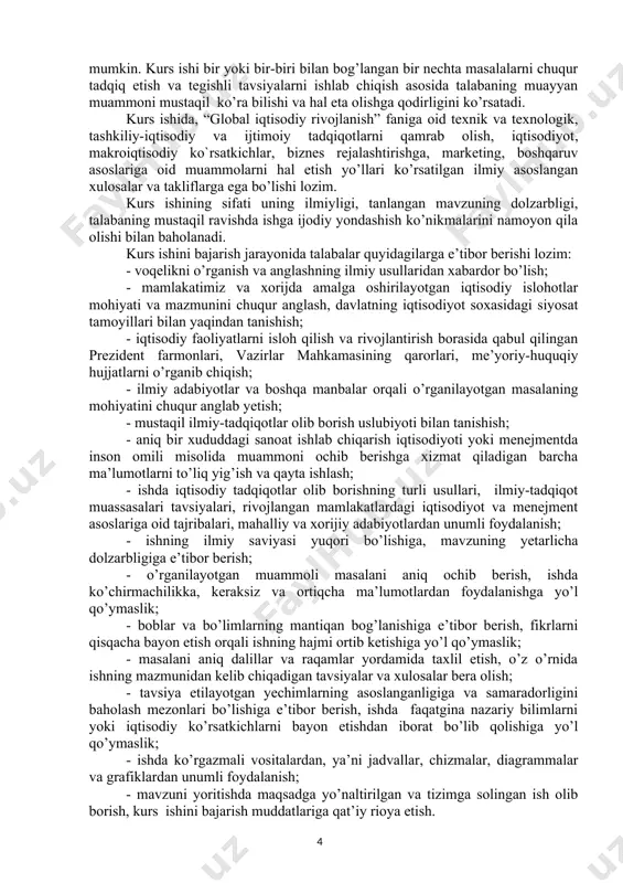 arning mantiqan bog’lanishiga e’tibor berish, fikrlarni qisqacha bayon etish orqali ishning hajmi ortib ketishiga yo’l qo’ymaslik; - masalani aniq dalillar va raqamlar yordamida taxlil etish, o’z o’rnida ishning mazmunidan kelib chiqadigan tavsiyalar va xulosalar bera olish; - tavsiya etilayotgan yechimlarning asoslanganligiga va samaradorligini baholash mezonlari bo’lishiga e’tibor berish, ishda faqatgina nazariy bilimlarni yoki iqtisodiy ko’rsatkichlarni bayon etishdan iborat bo’lib qolishiga yo’l qo’ymaslik; - ishda ko’rgazmali vositalardan, ya’ni jadvallar, chizmalar, diagrammalar va grafiklardan unumli foydalanish; - mavzuni yoritishda maqsadga yo’naltirilgan va tizimga solingan ish olib borish, kurs ishini bajarish muddatlariga qat’iy rioya etish. kurs ishida taklif va mulohazalar, xulosalar va amalga oshirilgan barcha xisob-kitoblarning to’g’riligi va sifati uchun talabalar ma’sul hisoblanadilar. 2. kurs ishini bajarishning maqsad va vazifalari. kurs ishi talaba tomonidan mustaqil bajariladigan ilmiy izlanish bo’lib, unda talaba o’qish davri mobaynida olgan nazariy bilimlari, amaliy darslarni qanday darajada o’zlashtirganligini, shu bilan birgalikda o’z ixtisosligi bo’yicha mehnat faoliyati uchun tayyorgarlik darajasini …