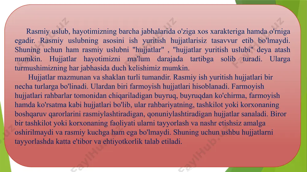 di: «buyruq ijrosini nazorat qilish (lavozimi va familiyasi to‘liq yoziladi) zimmasiga yuklatilsin». ba’zi buyruqlarda shu buyruq munosabati bilan ilgarigi joriy yoki boshqa xil hujjat bekor qilinganligi ham ko‘rsatib o‘tiladi. buyruq 06-ij 2019.05.05 psihologik eksprtiza o`tkazilishni vaqtincha to`xtatish haqida pedagogika fakulteti ish faoliyatiga oid masalalarni bir tizimga va tartibga keltirish maqsadida buyuraman: psihologiya kafedrasi xodimlari tomonidan tegishli hujjatlar rasmiylashtirilgunga qadar psixologik ekspertizalarni o`tkazishni vaqtinchalik to`xtatish pedagogika fakulteti dekani m.umarovga yuklansin. ushbu buyruqni tegishli idoralarga yetkazish, ularni xabardor qilish va uning bajarilishini nazorat rtish o`quv ishlari bo`yicha prorektor m.umarovga yuklatilsin. asos:huquqshinos f.b.valixo`jayeva kiritgan loyiha, xidimlar uyushmasi raisi u.z.zahidov, prorektorlar m.muhiddinov, a.s.soleyev, i.r.pardayevlar va rektor m.sh.umarovning munisabat belgisi. rektor m.sh.umarov buyruqda qo'llanilgan fe'llar (buyuraman fe'li bundan mustasno) orttirma va majhul nisbat (bajaruvchi shaxsga qarab) da, bo'lishli shaklda, buyruq maylida ifodalangan. farmoyishda ham fe'llar xuddi shu shaklda uchraydi. hujjatlar ichida faqatgina buyruqda "buyuraman" fe'li qo'llaniladi. boshqa farmoyish hujjatlarida esa uning qo'llanilganligi kuzatilmaydi. xususan, buyurmoq …