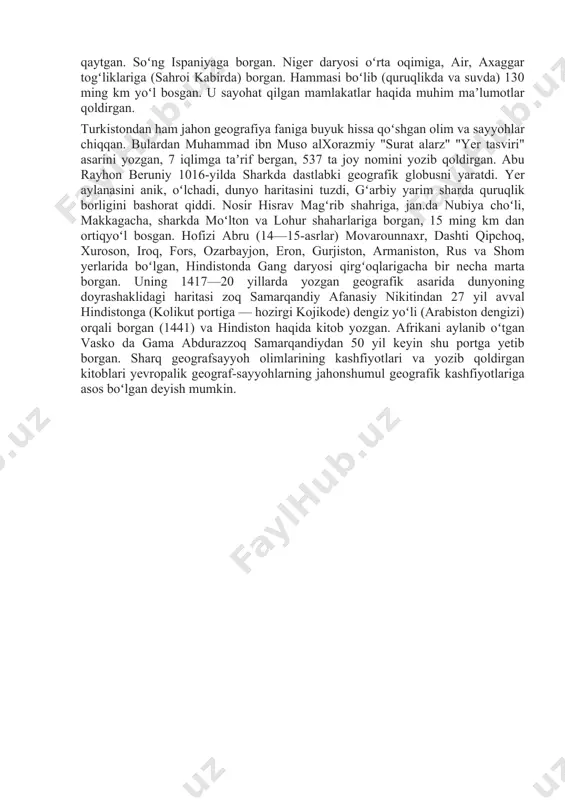 yangi zelandiyaning shim., gʻarbiy va jan. qirgʻoqlarini kashf qildilar. sharq mamlakatlarida, ayniqsa, xitoyda bunday kashfiyotlar ancha ilgari boshlangan. miloddan avvalgi 128 yil xitoylik chjan syan sharqiy tyanshan etaklari boʻylab borib, markaziy tyanshan dovonlaridan oshib, fargʻona vodiysining koson shahriga kelgan, soʻngra qizilqumdan oʻtib, balxga yetib borgan. qaytishda pomir, singin togʻlaridan oʻtib, 126 yilda vataniga qaytib kelgan (15 ming km yoʻl bosgan). xitoy sayyohi syuan szan 7-asrda 16 yil (629—645) davomida chjan syan yoʻlidan yurib, balx shahrigacha borgan, soʻng hindukush togʻlaridan oshib, haybar darasidan oʻtib, hind vodiysiga chiqqan va panjobni oʻrgangan, panjobdan bengaliyagacha boʻlgan yerlarni kezgan, soʻngra amudaryo boʻyiga qaytib, pomir va qashqar orqali vataniga qaytgan. 689 yil xitoylik i. szin dengiz boʻylab sayohatga chiqqan. sumatra o.ga borgan, soʻng gang mansabiga yetib kelib, 695 yil vataniga qaytgan va koʻrganlarini batafsil yozib qoldirgan. 9—10-asrlarda arablar eron, hindiston, shri lanka, turkiston, oʻrta osiyoning buyuk togʻlari, shim. va janubiy xitoy, hindixitoy, indoneziya o.lari, afrika, madagaskar …