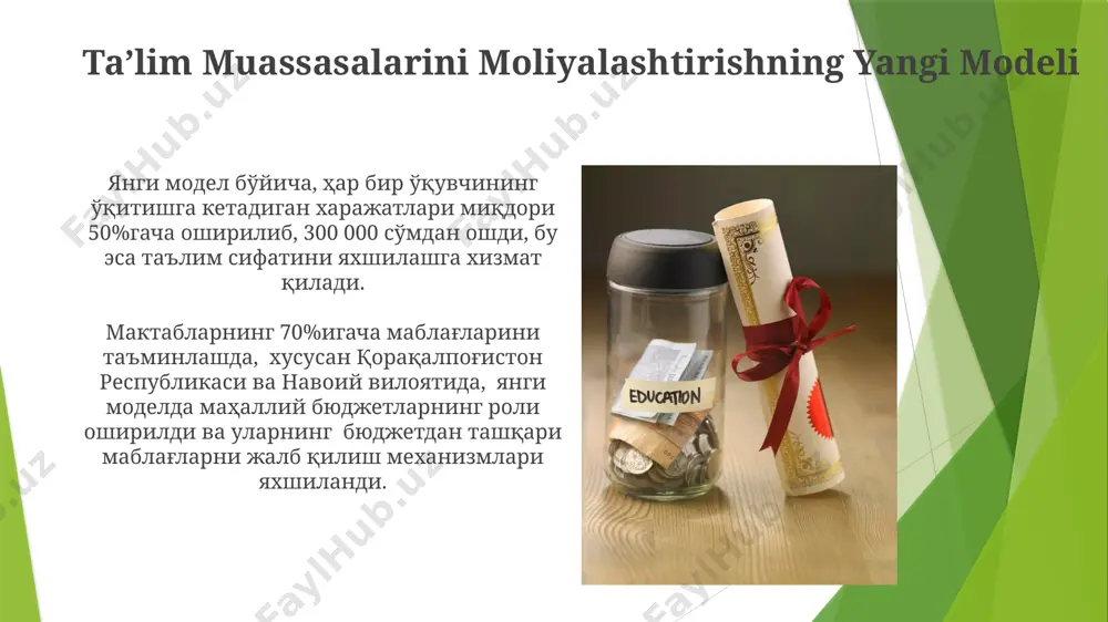а мактабда ўтказилган таълим сифатини мониторинг қилиш жараёнида, 70% дан ортиқ ўқитувчиларнинг малака оширишга эҳтиёжи борлиги аниқланди. umumiy oʻrta taʼlimning takomillashtirilishi andijon viloyatida 2024-yilga qadar 1500 dan ortiq umumtaʼlim maktabida interaktiv taxtalar va zamonaviy axborot-kommunikatsiya texnologiyalari bilan jihozlash rejalashtirilgan, bu taʼlim sifatini yaxshilashga xizmat qiladi. qoraqalpogʻiston respublikasida 2023-yilda 50 ga yaqin maktabda ingliz tilini oʻqitish boʻyicha yangi metodik qoʻllanmalar va oʻquv resurslari joriy etildi, bu oʻquvchilarning ingliz tilini bilish darajasini oshirishga qaratilgan. taʼlimda innovatsiyalar va yangi yondashuvlar qoraqalpogʻiston respublikasida “ta’limda innovatsiyalar va yangi yondashuvlar” doirasida 2024-yilga qadar 30 ta maktabda stem ta’limi boʻyicha yangi oʻquv rejalarini joriy qilish rejalashtirilgan. surxondaryo viloyatida 150 dan ziyod oʻqituvchi “ta’limda innovatsiyalar va yangi yondashuvlar” loyihasi doirasida interfaol oʻquv usullaridan foydalanish boʻyicha 2 oylik malaka oshirish kurslaridan oʻtdi. oʻqituvchilarni qayta tayyorlash va malakasini oshirish respublikaning barcha hududlarida kamida 30% oʻqituvchilar ingliz tili boʻyicha malaka oshirish kurslarini muvaffaqiyatli tamomladi, bu esa 2025-yilga qadar 50% ga yetkazishni …