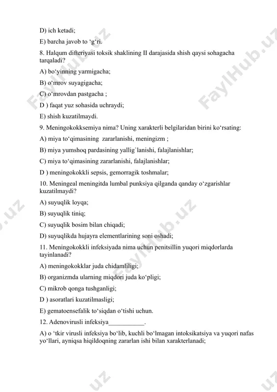 iqildoqning zararlan ishi bilan xarakterlanadi; b) o ‘tkir yuqumli kasallik bo‘lib, limfoid to‘qimalar va nafas yo`llari, ko‘z, ichak shilliq pardalari zararlanishi va kuchli bo‘lmagan intoksikatsiya belgilari bilan xarakterlanadi; c) o ‘tkir virusli infeksiya bo‘lib, intoksikatsiya va yuqori nafas yo‘llari shilliq qavatining zararlanishi bilan kechadi; d ) y u rak -qo n tomirlar va nerv sistemalarining toksik zararlanishi, difteritik parda hosil bo‘lishi va umumiy intoksikatsiya bilan kechadigan o‘tkir yuqumli kasallikdir; e) o ‘tkir yuqumli kasallik bo‘lib, asosan bosh va orqa miya pardalari zararlanishi va nazofaringit, yiringli meningit va meningokokksemiya bilan kechadi. chaqiradigan yuqori kontagiozli o‘tkir yuqumli kasallik bo‘lib, umumiy intoksikatsiya, xarakterli (ikki to‘lqinli) isitma va o‘ziga xos toshma (papula, vezikula, pustula)lar bilan kechadi; d ) vibrionla r qo‘zg‘atadigan o‘tk ir yuqumli kasallik bo‘lib, ingichka ichakning toksik shikastlanishi va suv -elektrolit almashuvining buzilishi bilan kechadi; e) klostridiyalar va ularning toksinlari natijasida yuzaga keladigan o ‘tkir yuqumli kasallik bo‘lib, markaziy nerv sistemasining o‘choqli …