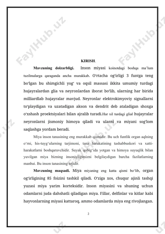 sadi. miya miyaning eng katta qismi bo‘lib, organ og‘irligining 85 foizini tashkil qiladi. o‘ziga xos, chuqur ajinli tashqi yuzasi miya yarim korteksidir. inson miyasini va shuning uchun odamlarni juda dahshatli qiladigan miya. fillar, delfinlar va kitlar kabi hayvonlarning miyasi kattaroq, ammo odamlarda miya eng rivojlangan. u bizning bosh suyaklarimiz ichida sig‘imga to‘la, chuqur burmalar bilan korteksning umumiy sirtini mohirlik bilan maksimal darajada oshiradi. inson miyasi murakkabi bo‘lib, yetuk miya neyronlar deb ataladigan 100 milliarddan ortiq axborotni qayta ishlash hujayralaridan iborat. miya asab toʻqimasidan tashkil topgan organ boʻlib, u vazifaga bogʻliq javoblar, harakat, sezgilar, his-tuygʻular, til, muloqot, fikrlash va xotiraga buyruq beradi. inson miyasining uchta asosiy qismi - miya, serebellum va miya sopi. . mavzuning vazifalari. bosh miya (cerebrum) yoki oxirgi miya (telencephalon) miyaning katta qismi bo‘lib, tarkibiga bosh miya po‘stlog‘i (bosh miya yarimsharlarining) va gippokamp, bazal o‘zaklar va [hidlov piyozchasi] kabi bir qancha subkortikal tuzilmalar kiradi. odam miyasida, bosh miya …
