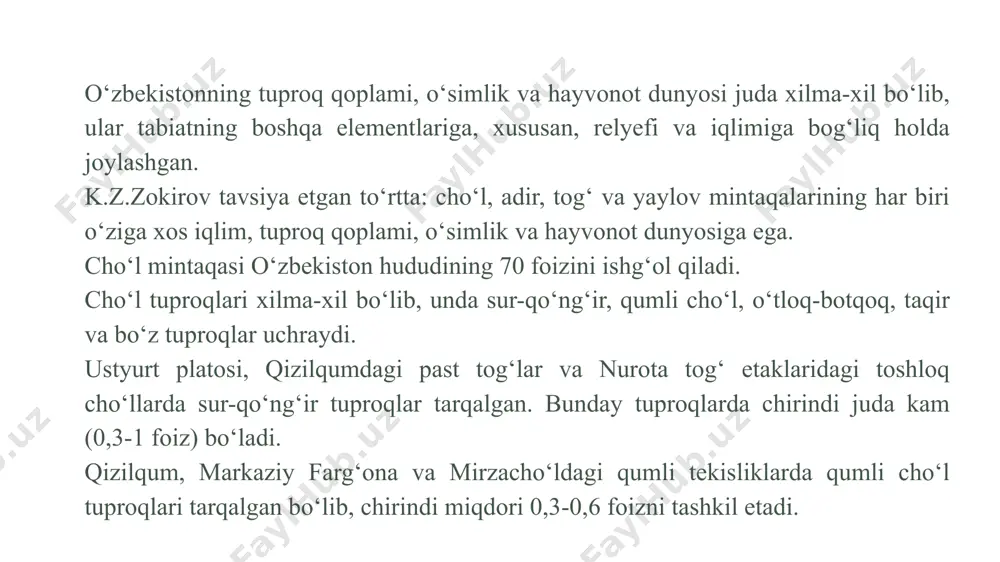 rotlardan qoraqurt, chayon, falanga (biy), chigirtka kabilar mavjud. bular ichida qoraqurt o‘ta zaharli o‘rgimchaksimonlar turiga kiradi. cho‘l mintaqasi to‘qayzorlarida chiyabo‘ri, tulki, bo‘ri, to‘qay mushugi, to‘ng‘iz, qirg‘ovul, qarqara, birqozon, g‘oz, o‘rdak va boshqalar yashaydi. adir mintaqasi. okean sathidan 400-500 m.dan 1000-1200 m.gacha bo‘lgan balandliklarda joylashgan. oddiy bo‘z tuproq tog‘ etaklarida, 500-600 m dan 1000 m gacha bo‘lgan balandliklarda tarqalgan, tarkibida chirindi 1,5-2,5 foizni tashkil etadi. okean sathidan 1000-1600 m balandliklarda to‘q tusli bo‘z tuproqlar tarqalgan bo‘lib, tarkibidagi chirindi miqdori 3-4 foizga boradi, ko‘pincha bahorikor ekinlar ekiladi. adir mintaqasida cho‘lga nisbatan o‘simliklar ko‘proq bo‘lib, bahorda qizil, sariq rangdagi lolalar va chuchmomalar bilan qoplanadi. shuningdek, qo‘ng‘irbosh, rang, sasir, yantoq, kavrak va gulxayrilar o‘sadi. adirlarda zirk, na’matak, do‘lana kabi buta va chinor, terak, qayrag‘och kabi daraxtlar o‘sadi. adir mintaqasida cho‘lga xos sudralib yuruvchilardan kaltakesak (agama, gekkon)lar, ilon (kapchabosh ilon, zaharli ko‘k ilon)lar, hatto falanga, chayon kabi hasharotlar ham uchraydi. adirda tulki, bo‘ri, toshbaqa, yumronqoziq, …