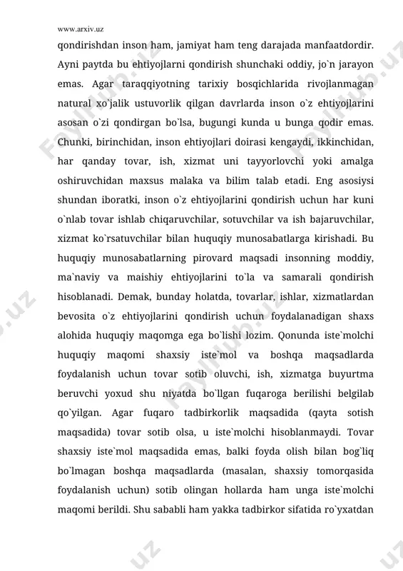 ishlab chiqaruvchi – iste`molchiga realizatsiya qilish uchun tovar ishlab chiqaradigan korxona, tashkilot, muassasa yoki xususiy tadbirkor; ijrochi – maishiy xizmat, uy-joy-kommunal, ta`mirlash-qurilish, transport xizmati va xizmat ko`rsatishning boshqa sohalarida shartnoma bo`yicha iste`molchi uchun ishlar bajaradigan yoki xizmatlar ko`rsatadigan korxona, tashkilot, muassasa yoki xususiy tadbirkor; sotuvchi – oldi-sotdi shartnomasi bo`yicha iste`molchiga tovar realizatsiya qiladigan korxona, tashkilot, muasasa yoki xususiy tadbirkor; shartnoma – tovarni olish-sotishni amalga oshirishda, ishlar bajarish va xizmatlar ko`rsatishda sifat, miqdor, muddat, narx va boshqa shartlar to`g`risida iste`molchi bilan sotuvchi (ishlab chiqaruvchi, ijrochi) o`rtasidagi og`zaki yoki yozma kelishuv; tovar – ishlab chiqaruvchi faoliyatining iste`molchiga shartnoma bo`yicha sotish uchun mo`ljallangan mahsuli, shu jumladan import mahsuloti; normativ hujjatlar – standartlar, ularga tenglashtirilgan boshqa hujjatlar (qurilish normalari va qoidalari, dori-darmonlar xususidagi davlat farmokopeyasi hamda muvaqqat farmokopeya qoidalari va boshqalar), texnik shartlar, texnik tavsiflar, retseptura va tovar (ish, xizmat) sifatiga va xavfsizligiga nisbatan belgilangan talablarni o`z ichiga oluvchi boshqa hujjatlar; tovar (ish, xizmat)ning …