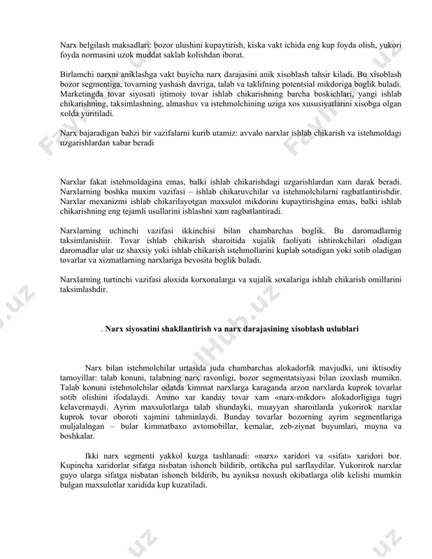 siyosati ijtimoiy tovar ishlab chikarishning barcha boskichlari, yangi ishlab chikarishning, taksimlashning, almashuv va istehmolchining uziga xos xususiyatlarini xisobga olgan xolda yuritiladi. narx bajaradigan bahzi bir vazifalarni kurib utamiz: avvalo narxlar ishlab chikarish va istehmoldagi uzgarishlardan xabar beradi narxlar fakat istehmoldagina emas, balki ishlab chikarishdagi uzgarishlardan xam darak beradi. narxlarning boshka muxim vazifasi – ishlab chikaruvchilar va istehmolchilarni ragbatlantirishdir. narxlar mexanizmi ishlab chikarilayotgan maxsulot mikdorini kupaytirishgina emas, balki ishlab chikarishning eng tejamli usullarini ishlashni xam ragbatlantiradi. narxlarning uchinchi vazifasi ikkinchisi bilan chambarchas boglik. bu daromadlarnig taksimlanishiir. tovar ishlab chikarish sharoitida xujalik faoliyati ishtirokchilari oladigan daromadlar ular uz shaxsiy yoki ishlab chikarish istehmollarini kuplab sotadigan yoki sotib oladigan tovarlar va xizmatlarning narxlariga bevosita boglik buladi. narxlarning turtinchi vazifasi aloxida korxonalarga va xujalik soxalariga ishlab chikarish omillarini taksimlashdir. . narx siyosatini shakllantirish va narx darajasining xisoblash uslublari narx bilan istehmolchilar urtasida juda chambarchas alokadorlik mavjudki, uni iktisodiy tamoyillar: talab konuni, talabning narx ravonligi, …