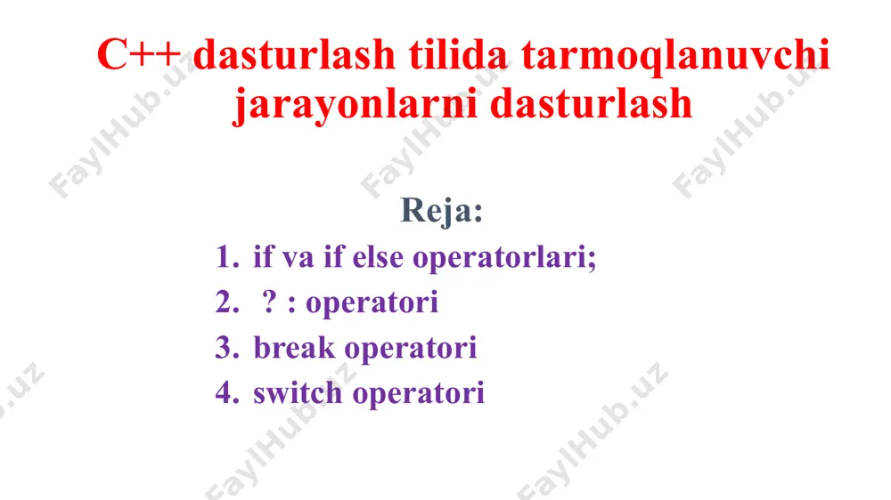 an bo’lsin, agar oxirgi ikkitasining yig’indisi birinchisiga teng bo‘lsa, u holda birinchisini oxirgi ikkitasini ayirmasi bilan almashtiring aks holda о’zgarishsiz qoldirilsin. if else operatori c++ dasturlash tilida tarmoqlanuvchi jarayonlarni to’liq shartli ko‘rinishini ifodalash uchun if else operatoridan foydalaniladi. berilgan shart (mantiqiy ifoda)ning qiymati true (rost) yoki false (yolg‘on)ligiga bog‘liq holda u yoki bu buyruqlar ketma-ketligini bajarish zarur bo‘lgan holda tarmoqlanish buyrug‘ining if - else ko‘rinishidan ifodalaniladi. if else operatori tarmoqlanuvchi jarayonlami c++ dasturlash tilida to‘liq shartli operatorning umumiy ko‘rinishi quyidagicha: if {operator1; operator2;... operatorn;} else {operator_xl; operator_x2;... operator_xn;} if else operatori tarkibidagi shartlar chin qiymat qabul qilganda {operator1; operator2; ... operatorn;} bajariladi aks holda { operator_x1; operator_x2; ... operator_xn;} bajariladi. if else operatori misol: quyidagi masalani c++ tilida dasturiy ta'minotini yaratish. ? : operatori ?: shart amali: c++, java dasturlash tilida “?” amali ham aniqlangan bo‘lib tekshirilayotgan shart nisbatan sodda bo‘lsa, shart amalining «?:» ko‘rinishini ishlatish mumkin. ?: shart amalining …