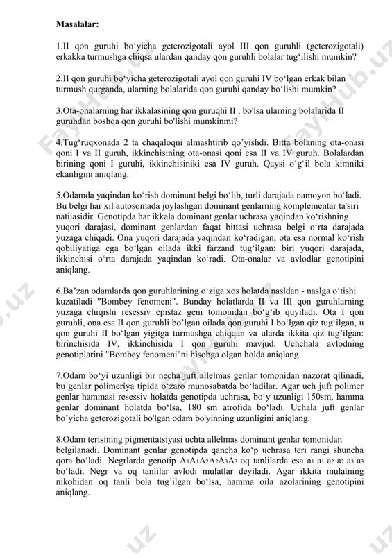 hammasi resessiv holatda genotipda uchrasa, bo‘y uzunligi 150sm, hamma genlar dominant holatda bo‘lsa, 180 sm atrofida bo‘ladi. uchala juft genlar bo’yicha geterozigotali bo'lgan odam bo'yinning uzunligini aniqlang. 8.odam terisining pigmentatsiyasi uchta allelmas dominant genlar tomonidan belgilanadi. dominant genlar genotipda qancha ko‘p uchrasa teri rangi shuncha qora bo‘ladi. negrlarda genotip a1a1a2a2a3a3 oq tanlilarda esa a1 a1 a2 a2 a3 a3 bo‘ladi. negr va oq tanlilar avlodi mulatlar deyiladi. agar ikkita mulatning nikohidan oq tanli bola tug’ilgan bo‘lsa, hamma oila azolarining genotipini aniqlang.
