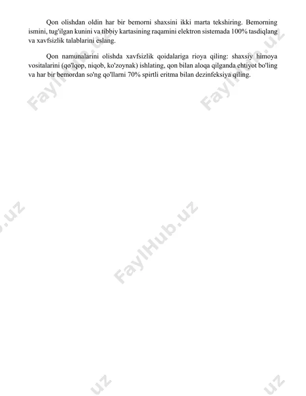 70% spirtli eritma bilan dezinfeksiya qiling. 📌xulosa analiz uchun bemordan qon olish texnikasi to'g'ri bajarilganda aniq natijalarni ta'minlaydi va bemor uchun noqulaylikni kamaytiradi. 📚foydalanilgan adabiyotlar 1. phlebotomy essentials, 6th edition. mccall, r.e., tankersley, c.m. wolters kluwer health, 2016. 2. clinical laboratory standards institute (clsi). gp41-a7: collection of diagnostic venous blood specimens; approved standard—seventh edition. clsi: wayne, pa, 2017. 3