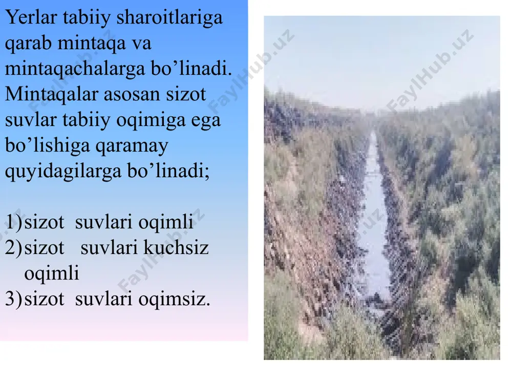 g hosildorligi oshadi yer tekislash 3 xil qisman tekislash asosiy tekislash joriy tekislash asosiy tekislash, bunda dalaning avvalgi nishabligi butunlay o’zgartiriladi va juda katta hajmda (300-700 m3/ga) tuproq ishlari bajariladi. bunday tekislash loyiha-xarita asosida bajariladi. yangi yerlarni o’zlashtirish ham xuddi shu tarzda bajariladi. qisman tekislash - bunda yer sirtining avvalgi holati qisman o’zgartiriladi, ayrim past-balandliklar tekislanadi, o’rta hajmli tuproq ishlari bajariladi. gektariga 200-300 m3 hajmida tuproq ishlari bajariladi. joriy tekislash - bu har yili bir marta ekin ekilgunga qadar o’tkazilib, asosan shudgorlash natijasida hosil bo’lgan ariq-marzalar tekislanadi. o’rmon-ihota daraxtlarning ahamiyati o’rmon-ihota daraxtlarning ahamiyati shundaki, ular suv resurslarini ko’paytiradi, tuproqni meliorativ holatini yaxshilaydi, sizot suvlar sathini pasaytiradi, sug’oriladigan dalalarda mikroiqlimni vujudga keltiradi. ihota daraxtlari asosan dalalarning chetlariga va sug’orish tarmoqlari bo’ylab ekiladi. ular 5-6 qator qilib ekilib, ularning umumiy kengligi 12-15 m bo’ladi. daraxt polosalari orasidagi masofalar esa 400-500 m bo’lishi kerak. iqota daraxtlari tarkibiga tol, terak, qayrag’och, dub, chinor, tut, …