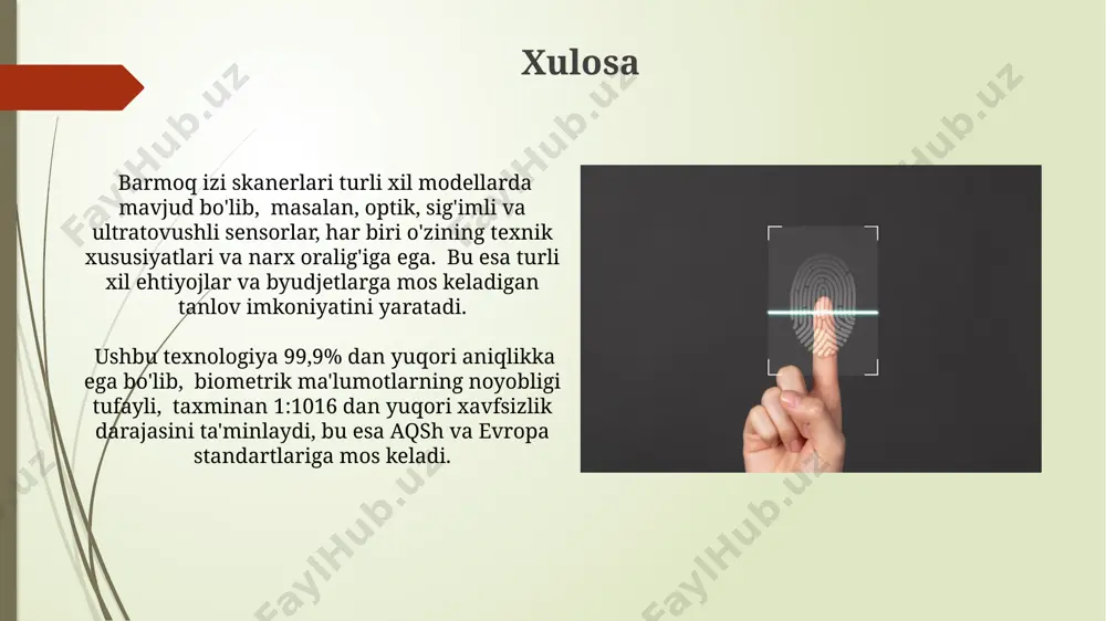 yatlarning ba'zilari singapur kabi davlatlarda biometrik identifikatsiya tizimlarida qo'llaniladi. barmoq izining noyob xususiyatlariga 1:100 000 000 dan ortiq minutiae (mayda tafsilotlar) kiradi, bu esa dunyodagi har bir odamning barmoq izini noyob qiladi va shuning uchun ham yuqori darajadagi identifikatsiyani ta'minlaydi kelajakdagi yo'nalishlar barmoq izi tasdiqlash tizimlarida 3d skanerlash texnologiyalari qo‘llanilishi 2025 yilga borib dunyo bo‘yicha 50% ga oshishi va shu bilan birga, xatolik darajasining 0,01% gacha kamayishi kutilmoqda. biometrik ma'lumotlarni himoya qilish va xavfsizlikni ta'minlashda sun'iy intellekt va mashinaviy o'rganish algoritmlaridan foydalanish, masalan, aqsh va xitoydagi tadqiqotlar shuni ko'rsatadiki, bu 2030 yilga kelib firibgarlik holatlarini 70% ga kamaytirishi mumkin. taqqoslash algoritmlari taqqoslash algoritmlarining samaradorligi, barmoq izining sifatiga va algoritmning murakkabligiga bog‘liq bo‘lib, ba’zi algoritmlar 0.1 soniyadan kam vaqt ichida 10 000 ta barmoq izini taqqoslashi mumkin, bu esa yuqori tezkorlikni ta’minlaydi. taqqoslash algoritmlari, masalan, minutiae-ga asoslangan algoritmlar, 256 bitli xesh funksiyalarini qo‘llab, barmoq izlari o‘rtasidagi o‘xshashlikni aniqlashda 99% aniqlikka erishishi …