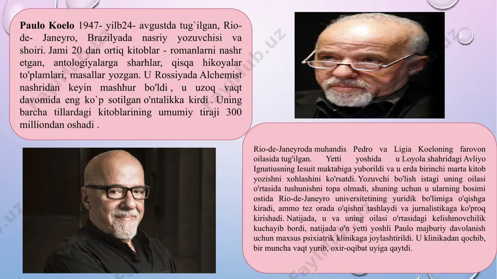 voqealarning hammasi yuz bergan, boshimdan o`tkazganman", deydi muallif.paulo koelyo ijodiga mansub bo`lgan "alkimyogar" asarining asosiy syujet chiziqlari g`arb og`zaki ijodiyotidan olingan. alkimyogar asarni janriy xususiyati: sarguzasht roman muallifning ijodiy metodi: realizm asarning tematik tasnifi: ijtimoiy- falsafiy alkimyogar asari mazmunan falsafiy mohiyatan oddiy insoniy muammo haqida. asar qahramonlari: santyago- cho’pon yigit asar bosh qahramoni fotima- santyagoning ro’yodagi muhabbati alkimyogar- santyagoning ko’z o’ngida paydo bo’lgan yo’lboshchi asar mavzusi: cho`pon yigit santyagoning sayohatlari haqida hikoya qiluvchi ushbu asar zamiridagi asosiy tushuncha – “o`z taqdirim” tushunchasidir.“o`z taqdirim” degan tushunchaning asl mohiyati qanday? hayotimizning chin mohiyati – ro`yi zamindagi umrguzaronligimiz uchun oliy qudrat sohibi tayyorlab qo`ygan yo`l. biroq ezgu niyatlar sari ana shu yo`ldan borishga jur`at topish barchaga birdek nasib qilavermaydi. ushbu asarda qahramon santyago orzulari sari olg’a borib, turli xil mashaqqatlarni yengib maqsadiga erishgani to’g’risida bayon etiladi. asar mavzusi: asar sarlavhasi: paulo koeloning 1988 yilda yaratilgan ushbu romani dunyo miqyosidagi bestseller romanlardan biridir. asarning …