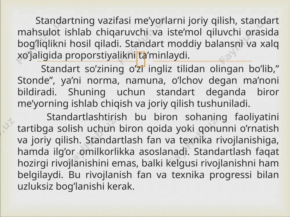 latish, mehnat va moddiy resurslarni tejash; ishchilarning zmehnat muhofazasini va aholi sog’ligini ta’minlash; halqaro iqtisodiy, texnik va madaniy hamkorlikni rivojlantirish. standartlashning asosiy maqsadlari quyidagilar:  sifat xarakteristikalarini kompleks standartlash asosida tayyor mahsulot, xom-ashyo, materiallar, yarimfabrikatlar va to’ldiruvchi buyumlar sifatiga talablar belgilash; buyumlarni vazifasi va ishlatish sharoitlariga qarab mahsulot sifat ko’rsatkichlari umumiy tuzilishini, nazorat va tekshirish usul va vositalarini aniqlash; ishlab chiqarish jarayonlarini mexanizastiyalash va avtomatlashtirish, ishlab chiqarishni ihtisoslashni muhim sharti sifatida sanoat mahsulotlarini, xususan mashina, asbob va uskunalarni agregatlashtirishni rivojlantirish; xalq iste’moli mollari sifatini oshirish, ularning assotimentini yaxshilash va kengaytirish, shuningdek optimal sifatdagi mahsulotni ta’minlash uchun loyixalash va ishlab chiqarish sohasida qoida, talab va usullarni belgilash; davlatda bir xil va to’gri ulchovlarni ta’minlash, o’lchov birliklarida davlat etalonlarini tuzish va takomillashtirish; barcha mahsulotlarni xujjatlashtirish, sinflash va kodlash, shuningdek texnik-iqtisodiyi ma’lumotlarni yagona tizimlarini belgilash; xalq xo’jalik tarmoqlarida, shuningdek fan va texnikaning eng muhim sohalarida yagona ibora, belgi va o’lchamlarni belgilash; standartlash bo’yicha …