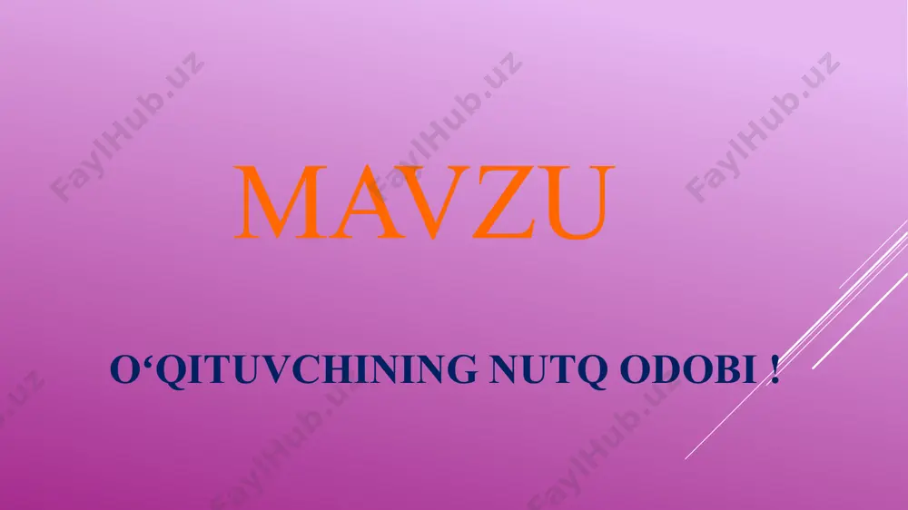 balki o`z fikrini chiroyli, ravon, puxta nutq madaniyati qonuniyatlarini chuqur egallagan holda ifoda qila bilish zarur. mavzuning dolzarbligi - o`qituvchi o`z nutqidan keng foydalana olishi kerak. o`quvchilarga voqea hodisalar, shaxslar haqida ma’lumot berishda bu kata ahamiyat kasb etadi. o`qituvchilik kasbi bevosita ovoz xususiyatlari bilan bog`liq, yoqimli va jarangdor ovozga ega bo`lgan o`qituvchi o`z o`quvchilariga ovozining shiradorligi bilan ham ta’sir etadi. bunday muvaffaqiyatga erishish uchun o`qituvchi o`z ovozini kuchini, yoqimliligini bilishi zarur. ishning maqsadi va vazifalari. ishning maqsadi o’qituvchilarning nutq ma’daniyati hamda uni rivojlantirishda o‘qitish metodikasiga oid ma’lumotlarni tahlil qilishdan iborat. tadqiqot predmeti. ushbu mavzu doirasida o’qituvchilarning nutq ma’danyatini o`rganish hamda rivojlantirish tushunchalariga keng izoh berish asosiy predmetlardandir. 1. o’qituvchi nutqi va uning ijtimoiy ahamiyati. o’qituvchi faoliyatida nutq juda muxim vazifalarni bajaradi. o’qituvchi o’z faoliyati davomida, xususan, o’quvchilarga bilim, kunikma va malakalarni singdiradi, ularni tarbiyalaydi, atroflicha rivojlantirishga o’z xissasini qo’shadi. o’qituvchining so’zlari ta‘sirida bolalarda muayyan ruhiy jarayonlar va ruhiy holatlar vujudga …