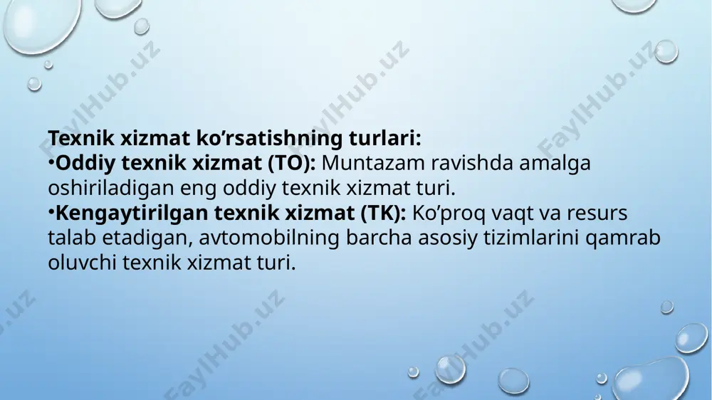 i ta’minlaydi, bu esa yo’l harakati xavfsizligini oshiradi va avtomobil egasining xavfsizligini ta’minlashga yordam beradi. xulosa: avtomobilimizning doimiy hamrohi bo’lgan texnik xizmat va ta’mirlash tizimi haqida gap ketganda, bu nafaqat mashinamizni ishlatish davomida uchrab turadigan oddiy bir jarayon emas, balki uning ishonchliligi va xavfsizligini ta’minlashning kalitidir. har bir haydovchi sifatida bizning mas’uliyatimiz - bu nafaqat yo’l qoidalariga amal qilish, balki avtomobilimizga g’amxo’rlik qilishdir. shu sababli, muntazam texnik xizmat ko’rsatish va favqulodda vaziyatlarda tezkor chora-tadbirlar ko’rish, avtomobilimizning umrini uzaytirish va yo’l harakati xavfsizligini oshirishda muhim ahamiyatga ega. foydalanilgan adabiyotlar o.salimov , j.kulmuhamedov “avtomobillarni tuzilishi, servis xizmat ko‘rsatish va ta’mirlash”, “ilm ziyo” toshkent 2017 yil. 5. muhitdinov, j.qulmuhamedov “transport vositalarining tuzilishi”, “ta’lim nashriyoti” toshkent-2019 yil. http://www.lee.de - аvtomobillarga texnik xizmat ko‘rsatish to‘g‘risida. http://www.bk-dtp.de - аvtomobillarga texnik xizmat ko‘rsatish to‘g‘risida. http://www.kfz-technik.de - аvtomobillarga texnik xizmat ko‘rsatish to‘g‘risida. image3.png image4.png image5.png image1.png /docprops/thumbnail.jpeg