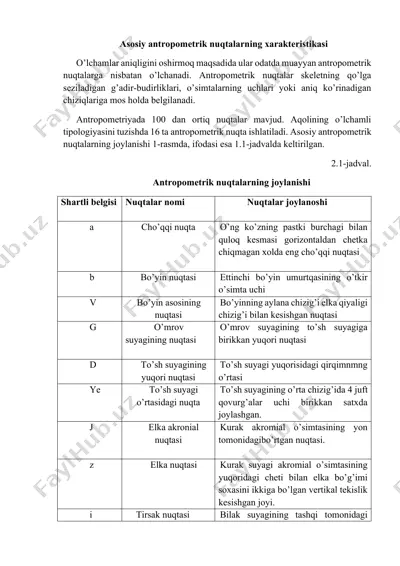 antropometrik nuqtalar haqida ma'lumotlar — DOCX