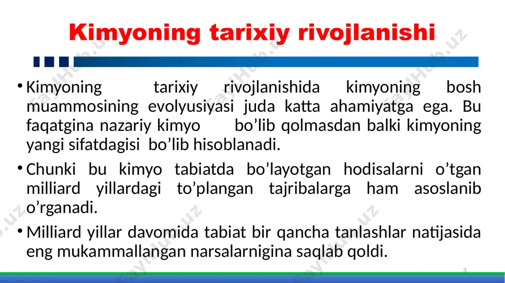 yosh har daqiqada yer yuzasidan 1 mlrd tonna suvni bug’latadi. bug’ osmonda bulutga aylanib yana yerga qaytib tushadi. har sekundda suv bug’i yer atmosferasiga shunchalik katta miqdorda energiya yuboradiki, buncha energiyani 1 million quvvatli 400 mln elektr stansiyasi amalga oshirish mumkin. bu energiya 100 mlrd. lab tonna suvni bulutlarga ko’tarib keyin yomg’ir qilib beradi. gidrosferadagi suvning erituvchanlik qobiliyati natijasida tez orada gaz-suyuqlik muvozanati tiklandi. metan, azot, vodorod suvda erishi natijasida ammoniy tuzlari, nitratlar, ishqoriy va ishqoriy-yer metallarining karbonatlari hosil bo’ldi. ulardan tashqari yana fosfatlar, sulfatlar, ftoridlar hosil bo’ldi. 12 litosferadagi evolyutsiya qanday amalga oshgan? 13 turli xil vulqonlarning mavjudligi natijasida yer sharida alyumosilikatlar, turli xil valentlikdagi marganes(ll), temir(ll) hosil bo’lishi natijasida kislorod asriga tez yaqinlashdi. yerda ko’pik toshlar (pemza), tuproq hosil bo’lib ular adsorbentlik xossalarini namoyon qila boshladilar va o’z navbatida yerda hayotning yuzaga kelishi uchun xizmat qildi. bular yer tarixida amalga oshgan kimyoviy jarayonlarning mexanizmlaridir. bundan tashqari yana katta …