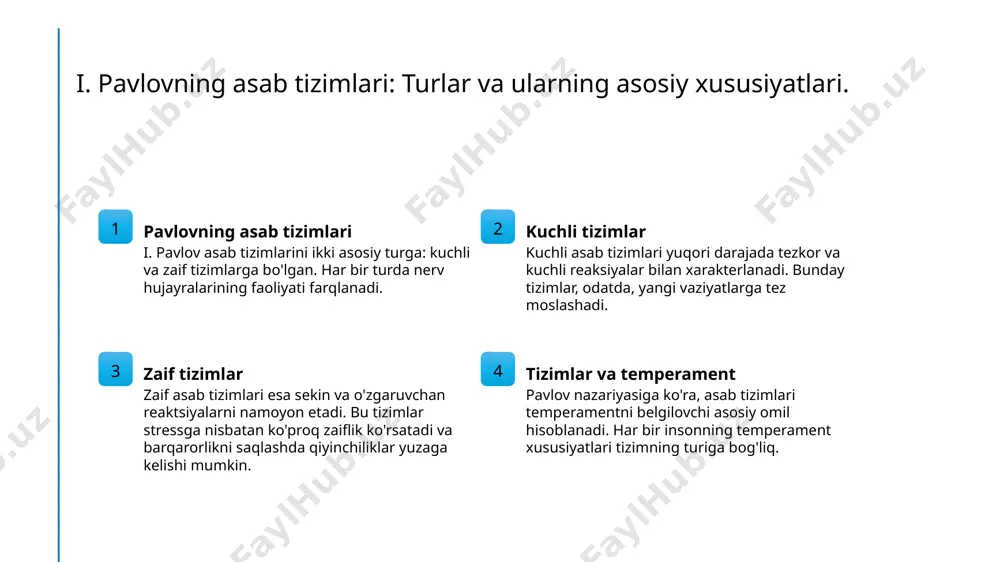 temperament va xulq-atvor temperament insonning xulq-atvorini shakllantiradi. masalan, sanguinlar faol va ijtimoiy, melancholiclar esa introvert va ehtiyotkor bo'lishi mumkin. zamonaviy tadqiqotlar zamonaviy psixologik tadqiqotlar temperament va xulq-atvor o'rtasidagi bog'lanishni yanada chuqurlashtirmoqda. bu o'zaro ta'sirlar insonning psixologik holatini aniqlaydi. temperament xususiyatlari: o'ziga xos ko'rinishlar va namoyishlar. 1 temperament turlari - temperamentning asosiy turlari: sanguin, choleric, melancholic va phlegmatic. har bir tur insonning xulq-atvorini va hissiyotlarini belgilaydi. 2 temperament ko'rinishlari - temperament xususiyatlari insonning ijtimoiy munosabatlarida, ish faoliyatida va stressga javob berishida muhim rol o'ynaydi, shuningdek, ularning shaxsiyatini shakllantiradi. 3 o'ziga xos namoyishlar - har bir temperament turi o'ziga xos namoyishlarga ega: sanguinlar optimistik va ijtimoiy, choleriklar esa energik va liderlik qobiliyatiga ega bo'ladi. kulturaga ta'sir: o'zbekiston kontekstida temperamentning roli. 1 temperament va madaniyat - temperamentning turli turlari o'zbekiston madaniyatida ijtimoiy munosabatlar va an'analarni shakllantirishda muhim rol o'ynaydi. 2 o'zbekiston konteksti - o'zbekistonning rang-barang etnik guruhlari temperamentning o'ziga xos ko'rinishlarini namoyish etadi, …
