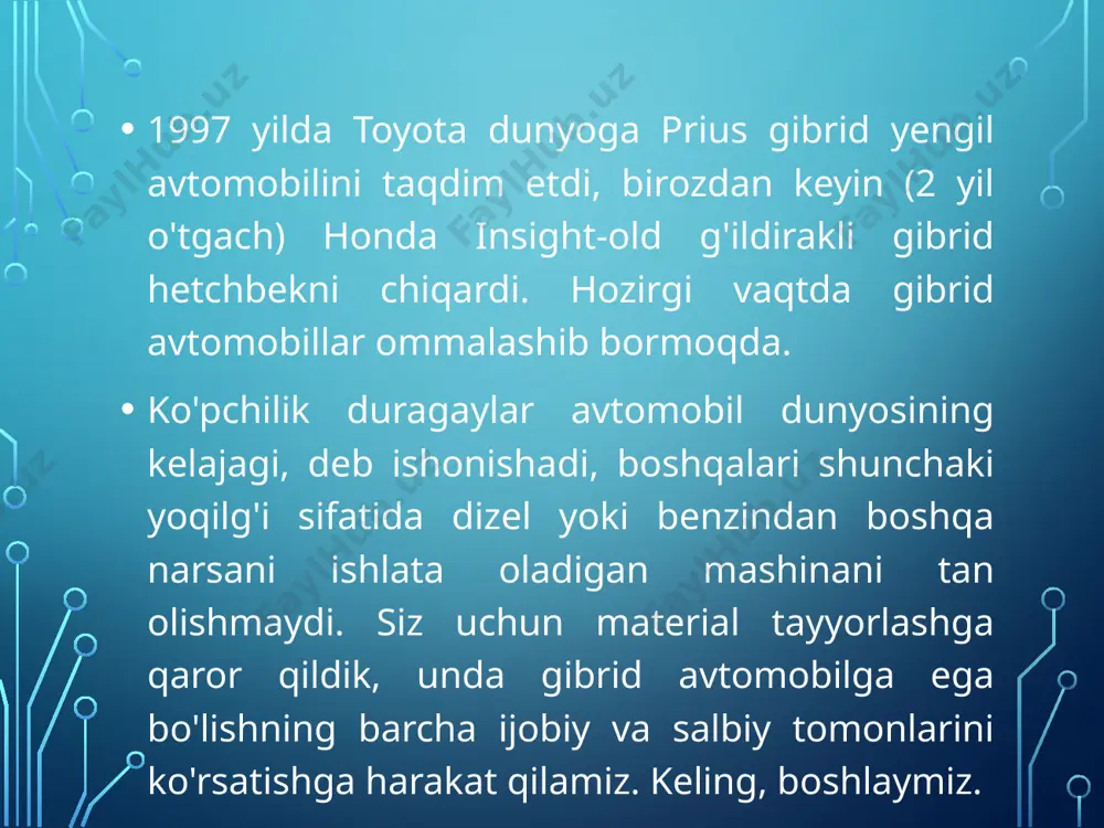 xos supero'tkazgich sifatida qarash mumkin. gibrid avtomobillarning kamchiliklari kamroq quvvat. gibrid avtomobillarda ikkita mustaqil dvigatel ishlatiladi, benzinli dvigatel asosiy quvvat manbai bo'lib xizmat qiladi. avtomobildagi ikkita dvigatel shuni anglatadiki, na benzinli dvigatel, na elektr dvigatel an'anaviy benzin yoki elektr transport vositalaridagi kabi kuchli bo'lmaydi. va bu juda mantiqiy. qimmat sotib olish. narxi o'rtacha avtomobillarga qaraganda o'rtacha besh-o'n ming dollarga ko'p bo'lgan yuqori narx. garchi, bu o'z samarasini beradigan bir martalik sarmoyadir. yuqori operatsion xarajatlar. ikkita dvigatel, doimiy texnologik yutuqlar va yuqori texnik xarajatlar tufayli ushbu transport vositalarini ta'mirlash va texnik xizmat ko'rsatish og'ir bo'lishi mumkin. yuqori kuchlanishli batareyalar. voqea sodir bo'lgan taqdirda, batareyalar tarkibidagi yuqori kuchlanish o'limga olib kelishi mumkin. gibrid transport vositalarini tekshirish va ularga xizmat ko'rsatish batareyalarni odatda keyin almashtirish kerak 15-20 yil, elektr motorining umr bo'yi kafolati bo'lishi mumkin. gibrid transport vositalariga faqat maxsus jihozlar bilan ta'minlangan va ushbu turdagi transport vositalariga xizmat ko'rsatish tamoyillari bo'yicha o'qitilgan …
