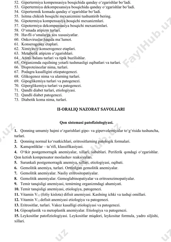 . o‘sma chaqiruvchi omillar. kimyoviy kanserogenlar. 36. biologik va fizik kanserogenlar. 37. o‘sma patogenezi. kanserogenez bosqichlari. 38. o‘sma patogenezi (protoonkogen, onkogen, antionkogenlar). 39. eksperemental onkologiya metodlari. 40. yomon sifatli o‘smalarning xususiyatlari. 41. o‘sma rivojlanishida nerv, endokrin va immun sistemalarning ahamiyati. 42. semirish, etiologiyasi, darajalari. 43. kaxeksiya, sabablari, patogenezi. 44. ateroskleroz nima, etiopatogenezi. 45. ateroma va fibroateroma shakllanishi. 46. ateroskleroz asoratlari. 47. gipogidratasiya etiologiyasi turlari. 48. gipergidratasiya etiologiyasi, turlari. 49. shish klassifikasiyasi ( 7 ta turi). 50. yurik shishi etiopatogenezi. 51. shishlarning patogenetik roli. 52. gipertermiya kompensasiya bosqichida qanday o‘zgarishlar bo‘ladi. 53. gipertermiya dekompesansiya bosqichida qanday o‘zgarishlar bo‘ladi. 54. gipertermik komada qanday o‘zgarishlar bo‘ladi. 55. isitma chikish bosqichi mexanizmini tushuntirib bering. 56. gipotermiya kompensasiya bosqichi mexanizmlari. 57. gipotermiya dekompensasiya bosqichi mexanizmlari. 58. o‘smada atipizm turlari. 59. havfli o‘smalarga xos xususiyatlar. 60. onkoviruslar haqida ma’lumot. 61. konserogenez etaplari. 62. ximiyaviy konserogenez etaplari. 63. metabolik atipizm o‘zgarishlari. 64. azotli balans turlari va tipik …