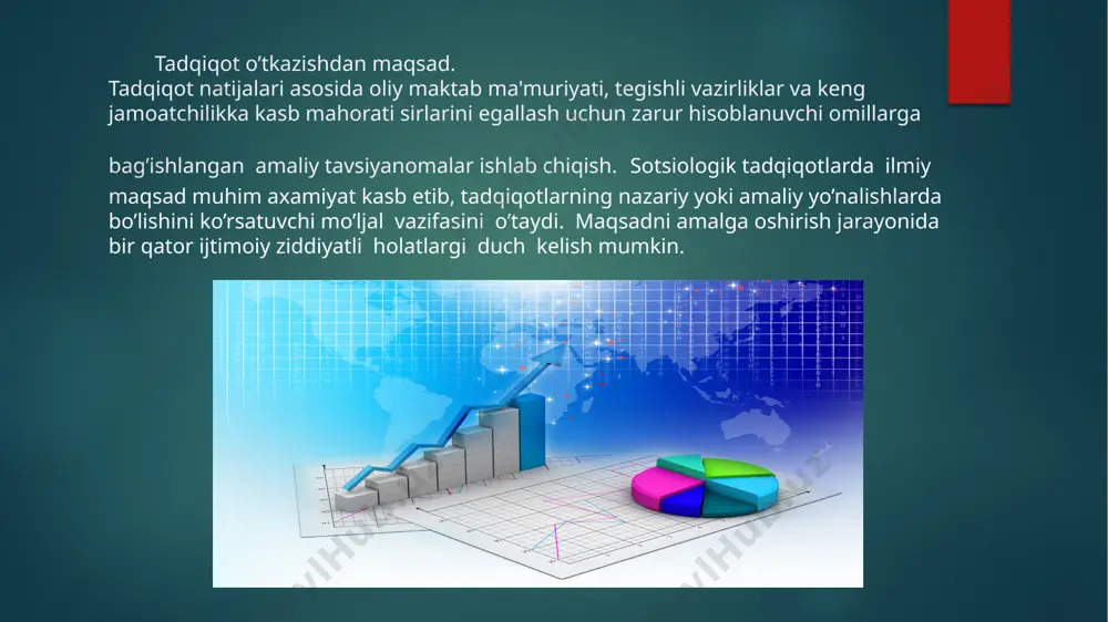 oshirilishi mumkin. anketa o’tkazishdan maqsad sotsiologik tadqiqotlar nuqtai nazaridan dastlabki, aksariyat hollarda muayyan mo’ljal olinuvchi ma'lumotlar to’plashdan iboratdir. anketa ba'zi xususiyatlariga ko’ra intervyu janriga yaqin turadi, ammo beriladigan savollar alohida olingan respondentga emas, balki ko’pgina kishilar guruxiga qaratilgan bo’ladi. ayni vaqtda tuzilgan savollar og’zaki tarzda emas, balki yozma shaklda beriladi. anketa jamoatchilik fikrini atroflicha o’rganish omili sifatida sotsiologik tadqiqot usullari orasida alohida o’rin tutadi. anketa ayni vaqtda shunday janrki, bu usulni qo’llagan tadqiqotchi odatda so’roq qog’ozlari yoki anketani respondentlarga tarqatgandan boshlab tadqiqot ma'lumotlarini to’plash jarayoni ustidan nazorat qilish imkoniyatidan mahrum bo’ladi. hujjatli tadqiqotlarda arxiv materiallari, davlat xo’jjatlari, xatlar, sud bayonnomalarini kiritish mumkin. tadqiqotda foydalanilayotgan hujjatlar qatoriga o’rganilayotgan mavzu bo’yicha avval o’tkazilgan tadqiqotlarning natijalari, xulosalarini ham kiritish mumkin. hukumatlar tomonidan keltiriladigan ma'lumotlar juda keng ko’lamli bo’lib, bir necha manbaalarni o’z ichiga oladi. masalan, muntazam ravishda, ma'lum vaqt oralig’i bilan, aholini ro’yxatga olish olib boriladi. bu esa ko’plab ijtimoiy va iqtisodiy masalalar …