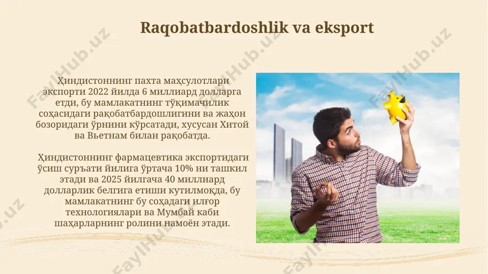 shishga qaratilgan sa’y-harakatlari 2022-yilda taxminan 15% ga o‘sish sur’atlarini ko‘rsatdi, bu esa iqtisodiy o‘sishga ijobiy ta’sir ko‘rsatdi. 2030-yilgacha bo‘lgan davr uchun barqaror rivojlanish maqsadlarining 17 tasi hindistonning iqtisodiy o‘sishida muhim rol o‘ynaydi, jumladan, qashshoqlikni kamaytirish va sog‘liqni saqlash sohasidagi taraqqiyot kabi maqsadlar maharashtraning rivojlanishiga ham ta’sir qiladi. infratuzilma rivojlanishi mumbay shahri kabi yirik shaharlar zamonaviy metro tizimlari bilan jihozlanmoqda va 2030-yilga kelib yo'lovchilar tashish hajmi 50% ga oshishi kutilmoqda. hindistonning quyosh energiyasi quvvatlari 2022 yilda 60 gw ni tashkil etdi va 2030 yilga kelib 500 gw ga yetkazish rejalashtirilgan bo'lib, bu mamlakatning energiya xavfsizligini ta'minlashda muhim ahamiyatga ega. global iqtisodiyot bilan integratsiya hindistonning jahon iqtisodiyotiga integratsiyasi 2000-yillarning boshlaridan buyon 10% dan ortiq o'sish sur'atlarini ko'rsatdi, bu esa mamlakatni global savdo va investitsiyalar uchun muhim markazga aylantirdi. hindistonning xizmat ko'rsatish sektorining, ayniqsa, it va bpo sohalarining tez sur'atlarda rivojlanishi global iqtisodiyotga chuqur integratsiyalashuviga yordam berdi, bu esa aqsh va yevropa kabi …