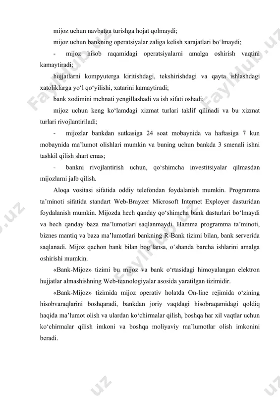 raqamlash; · bank bilan modem aloqasi; · ma’lumotlarni qabul qilish va uzatish; · qabul qilingan ma’lumotlarni qayta ishlash; · kerakli ma’lumot va hisobot shakllarni qayta ishlash; · kerakli ma’lumot va hisobot shakllarini bosmadan chiqarish; · ma’lumotlarni arxivlash. to‘lov hujjatlari bilan ishlashda, tizim quyidagilarni amalga oshirishga ruxsat beradi: yangi hujjatni yangidan va namuna bo‘yicha to‘ldirish. bu degani mijoz bo‘sh blankani olgandan keyin uni uch xil yo‘l bilan to‘ldirishi mumkin. birinchisi - qo‘l bilan yangidan ma’lumotlarni kiritish. ikkinchisi - shablon hujjatlar spravochnigini chaqirish orqali. uchinchidan - oldin qilingan hujjatni ko‘chirib olish orqali, ya’ni oldin qilingan hujjat ro‘yxatdan topiladi va ko‘chirib olinadi. shu bilan birga mijoz ko‘chirib olgan hujjatini o‘zgartirish imkoniga ega bo‘ladi. agar mijoz off-line rejimida boshqa buxgalteriya dasturlari orqali to‘lov hujjatlarini tayyorlab qo‘ygan bo‘lsa, ularni «bank-mijoz» tizimiga ko‘chirishi, yoki ushbu ikki programmani bog‘lashi mumkin, lekin bunda ushbu elektron hujjatlar qattiq tekshiruvdan o‘tkaziladi. ko‘pgina to‘lov hujjatlarining modellari doimo saqlanib turadi va ularni …